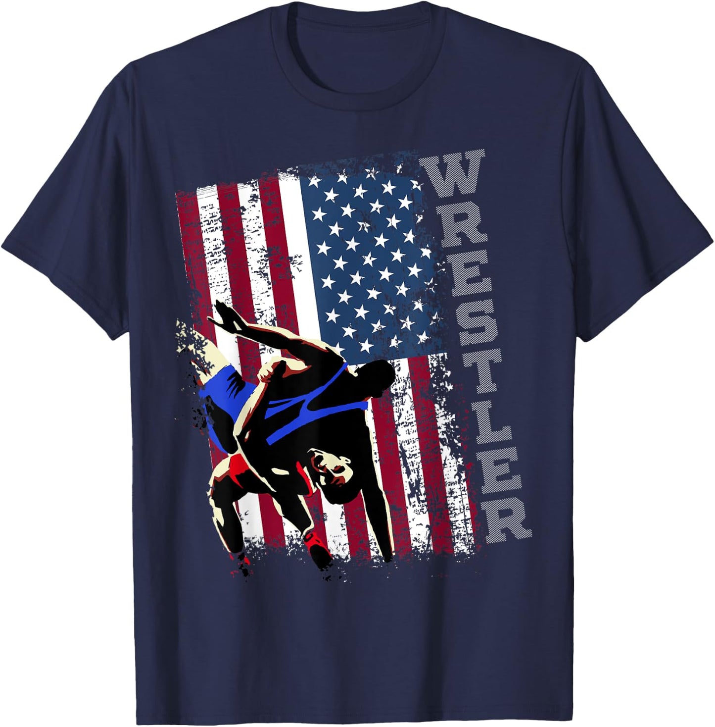 Distressed Look Wrestling American Flag Gift Men T-Shirt - T-Shirt | Navy