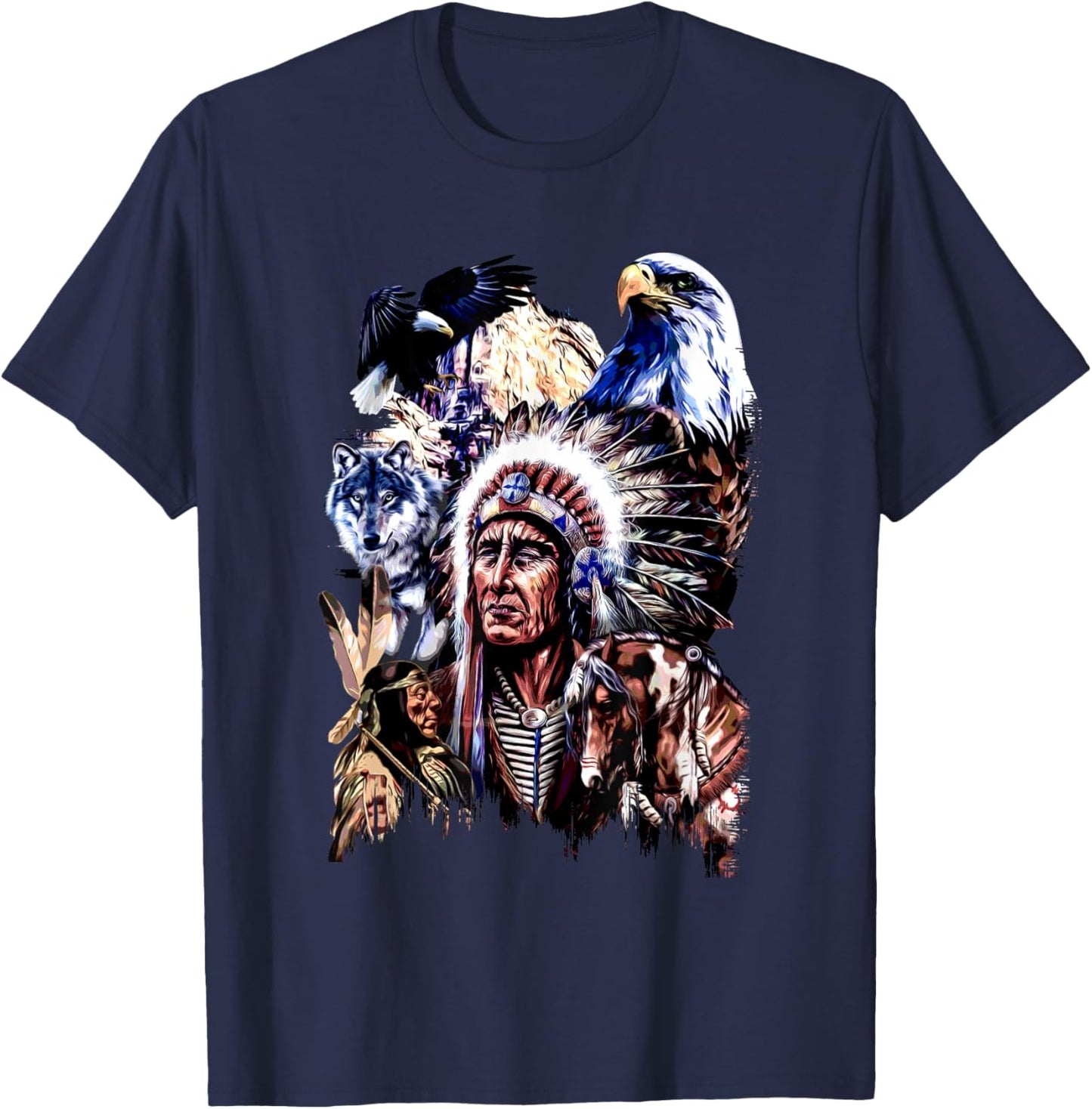 American Indigenous Art Native Indian Chief Headdress T-Shirt - T-Shirt | Navy