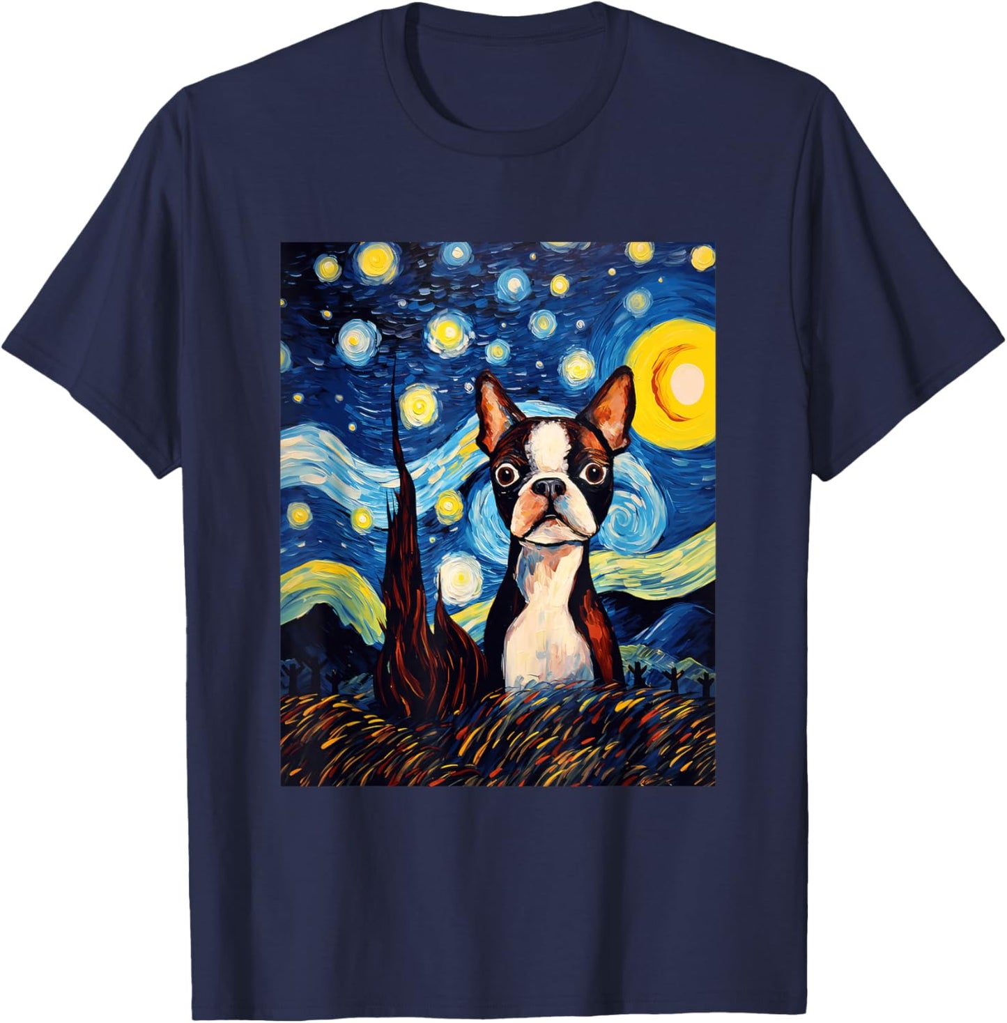 Boston Terrier Starry Night Van Gogh Art T-Shirt - T-Shirt | Navy