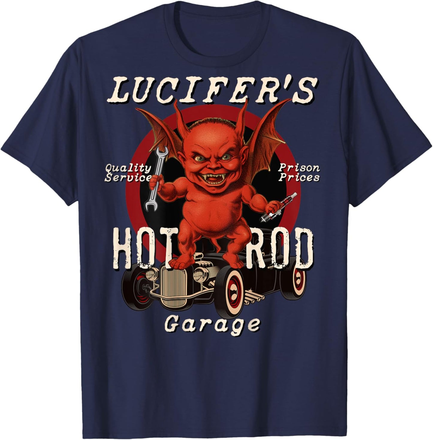 The Dirty Gringo Lucifer's Hot Rod Garage Fat Devil Mechanic Retro Rockabilly - Black - Small - -Adults - Short Sleeve - Cotton, Polyester Blend T-Shirt - T-Shirt | Navy