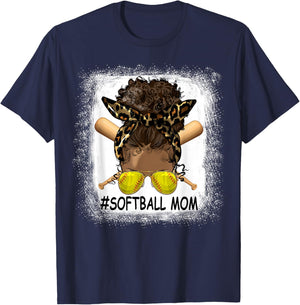 Afro Messy Bun Softball Mom Leopard Black Mommy Mother's Day T-Shirt - T-Shirt | Navy