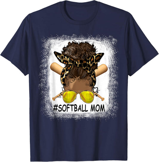 Afro Messy Bun Softball Mom Leopard Black Mommy Mother's Day T-Shirt - T-Shirt | Navy