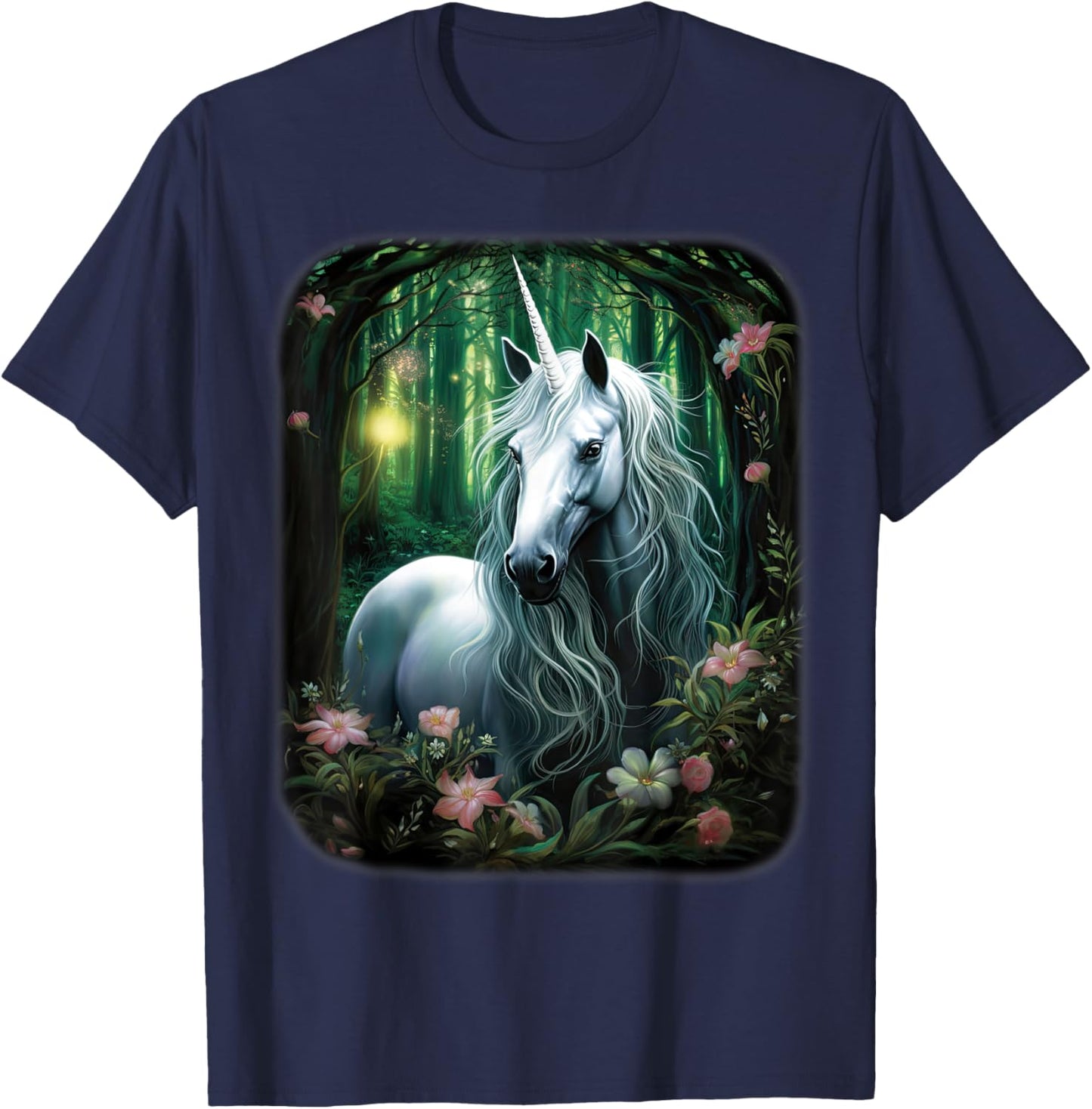 Fantasy white Unicorn standing in green Forest T-Shirt - T-Shirt | Navy