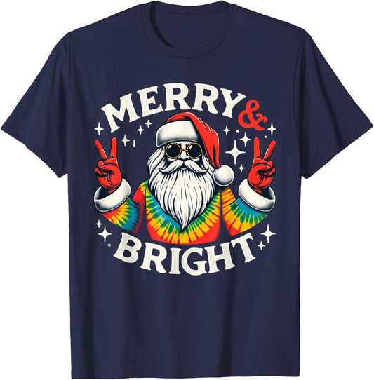Vintage Retro Merry And Bright Hippie Santa Peace Christmas T-Shirt - T-Shirt | Navy