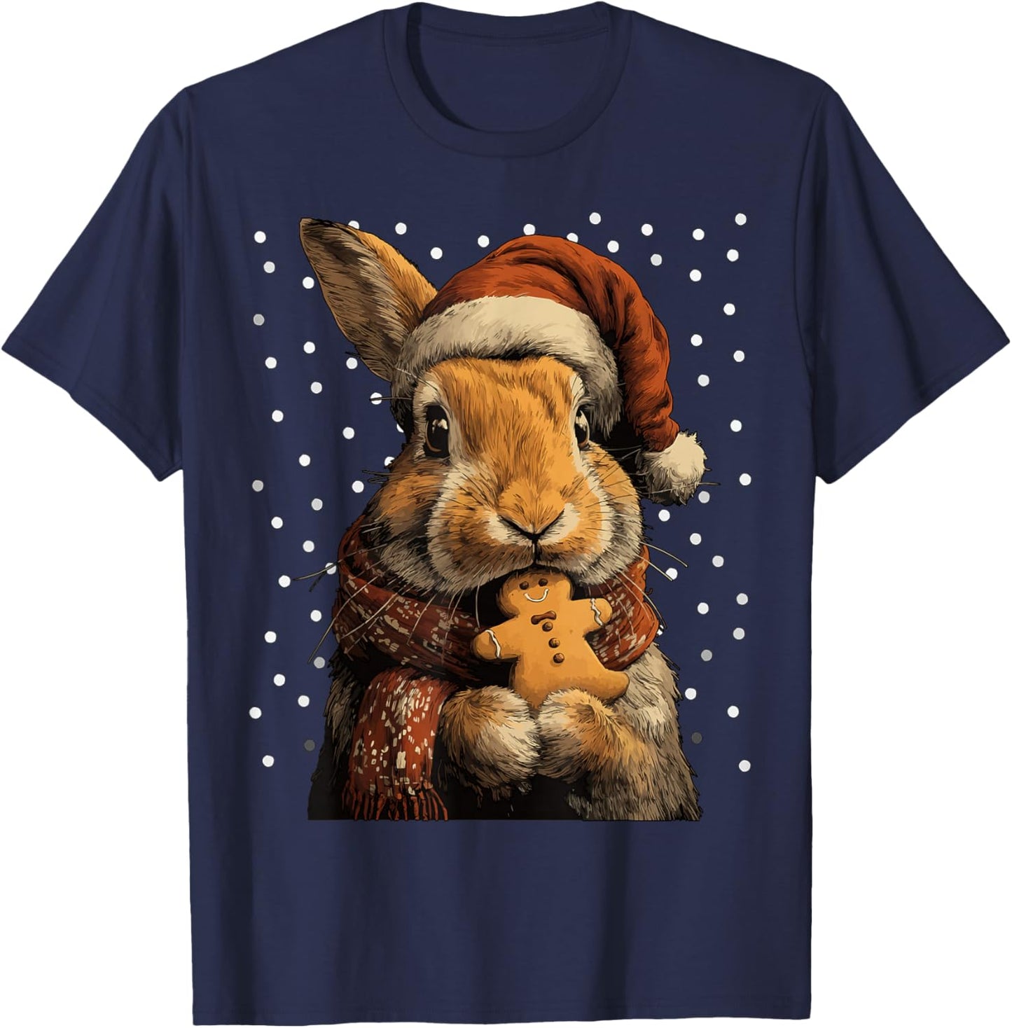 Christmas Rabbit in Santa Hat Gingerbread Cookie Snow Animal T-Shirt - T-Shirt | Navy