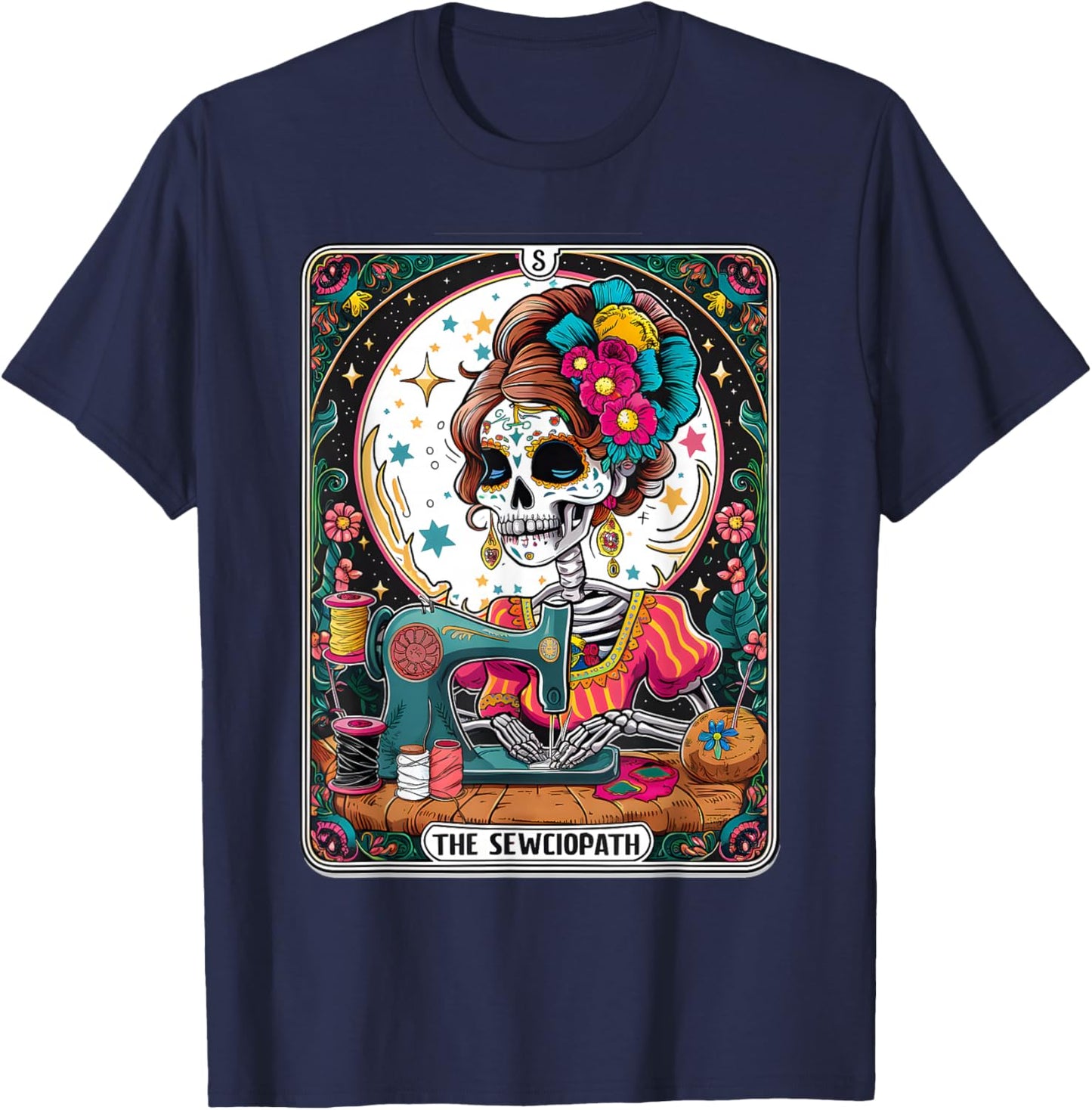 The Sew-ciopath Funny Tarot Card Sewing Skeleton T-Shirt - T-Shirt | Navy
