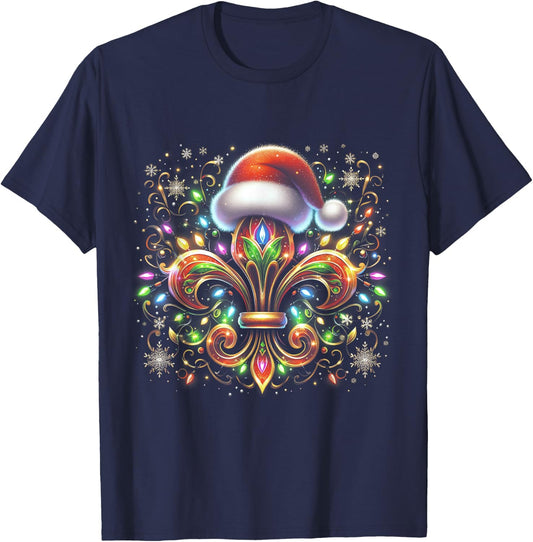 Fleur De-Lis Christmas Ornament with Santa Hat Xmas Lights T-Shirt - T-Shirt | Navy