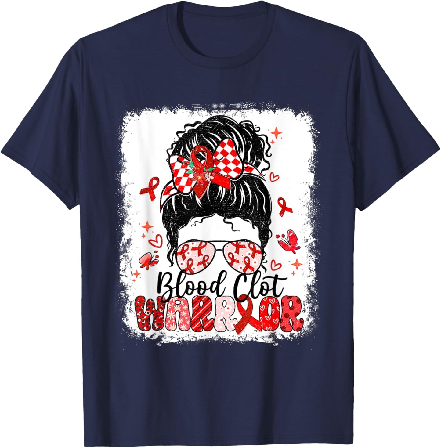 Warrior Messy Bun Red Ribbon Blood Clot Awareness T-Shirt - T-Shirt | Navy