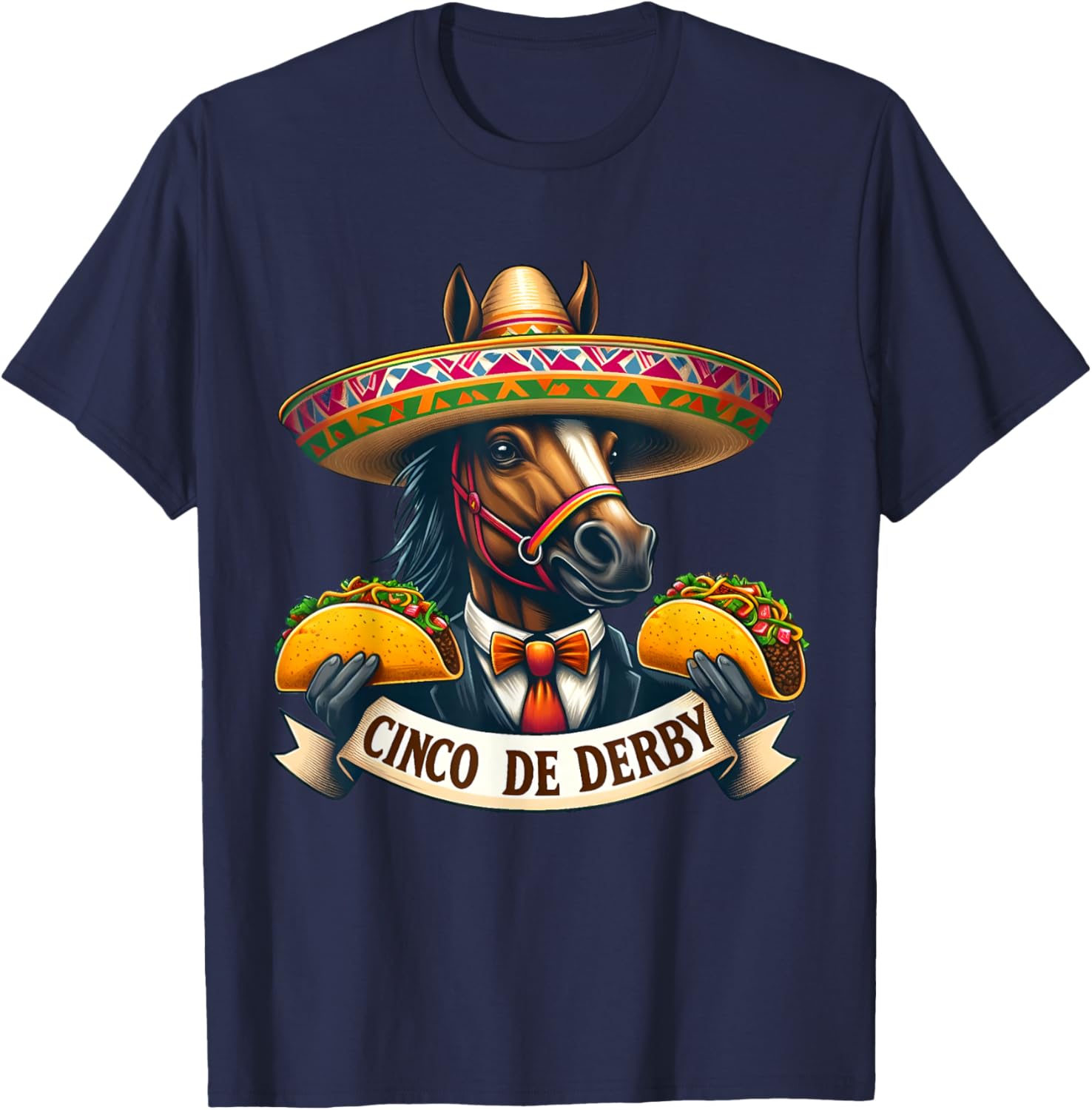 Funny Taco Horse Racing Vintage Cinco De Derby Horse T-Shirt - T-Shirt | Navy