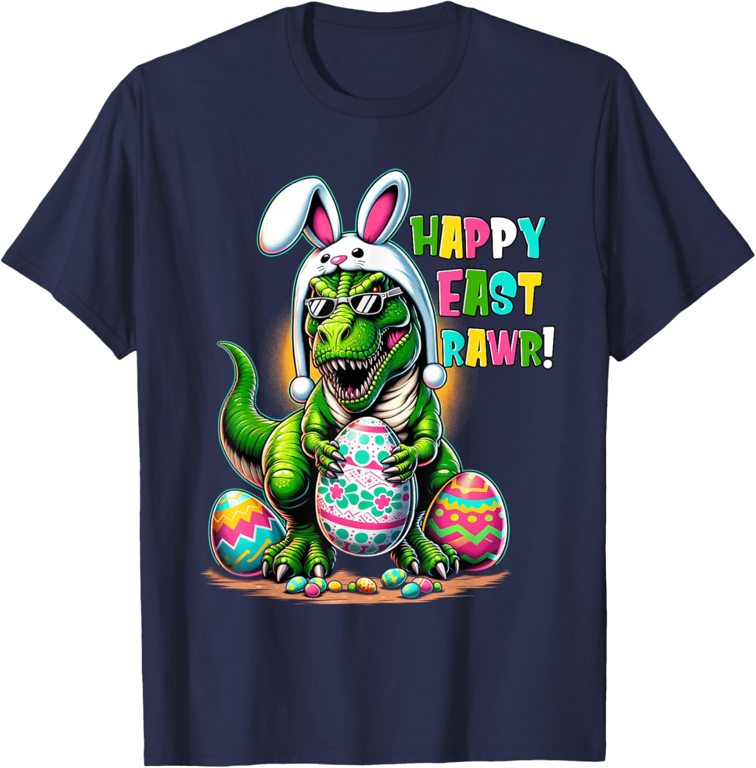 Happy Eastrawr Easter Day T Rex Dinosaur Dino Boys Kids Girl T-Shirt - T-Shirt | Navy