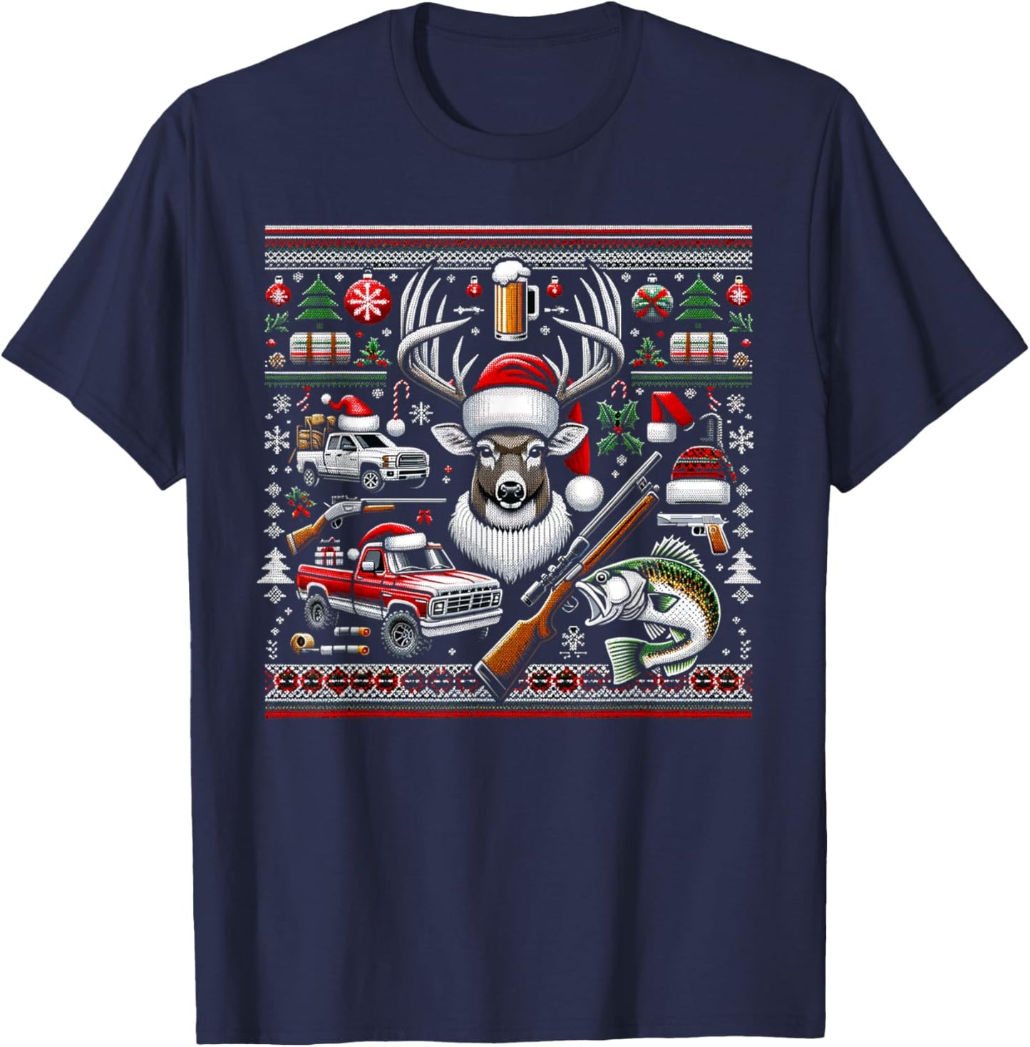 Deer Hunting Bass Fishing Redneck Ugly Christmas T-Shirt - T-Shirt | Navy