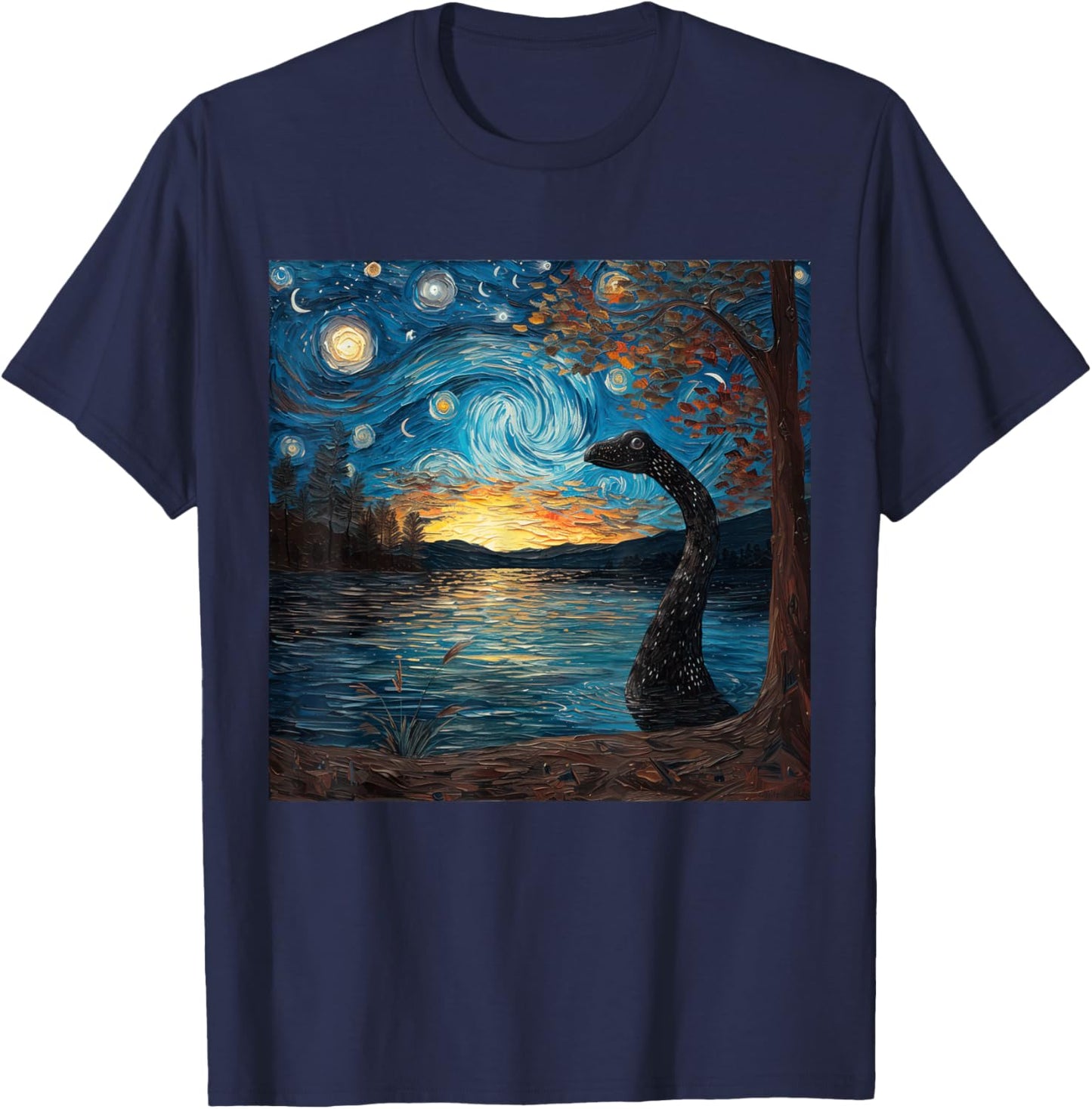 Loch Ness Monster Starry Night Van Gogh Style Nessie T-Shirt - T-Shirt | Navy