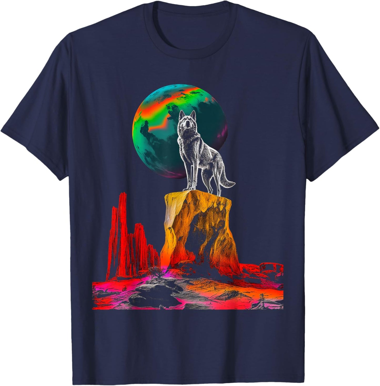 Wolf Moon Colorful Animal Nature Stones Art Wolf T-Shirt - T-Shirt | Navy