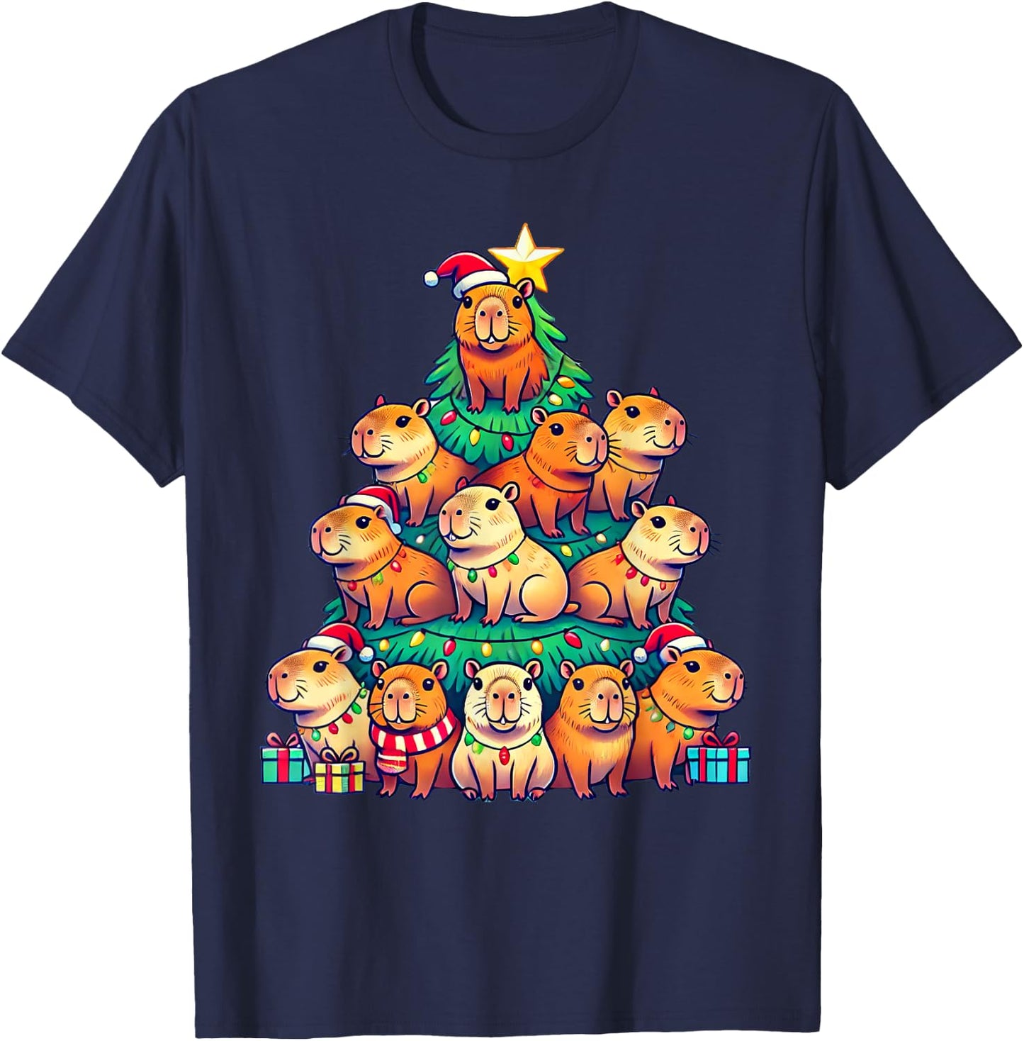 Capybara Christmas Tree Apparel -Adult Capybara Xmas T-Shirt - T-Shirt | Navy