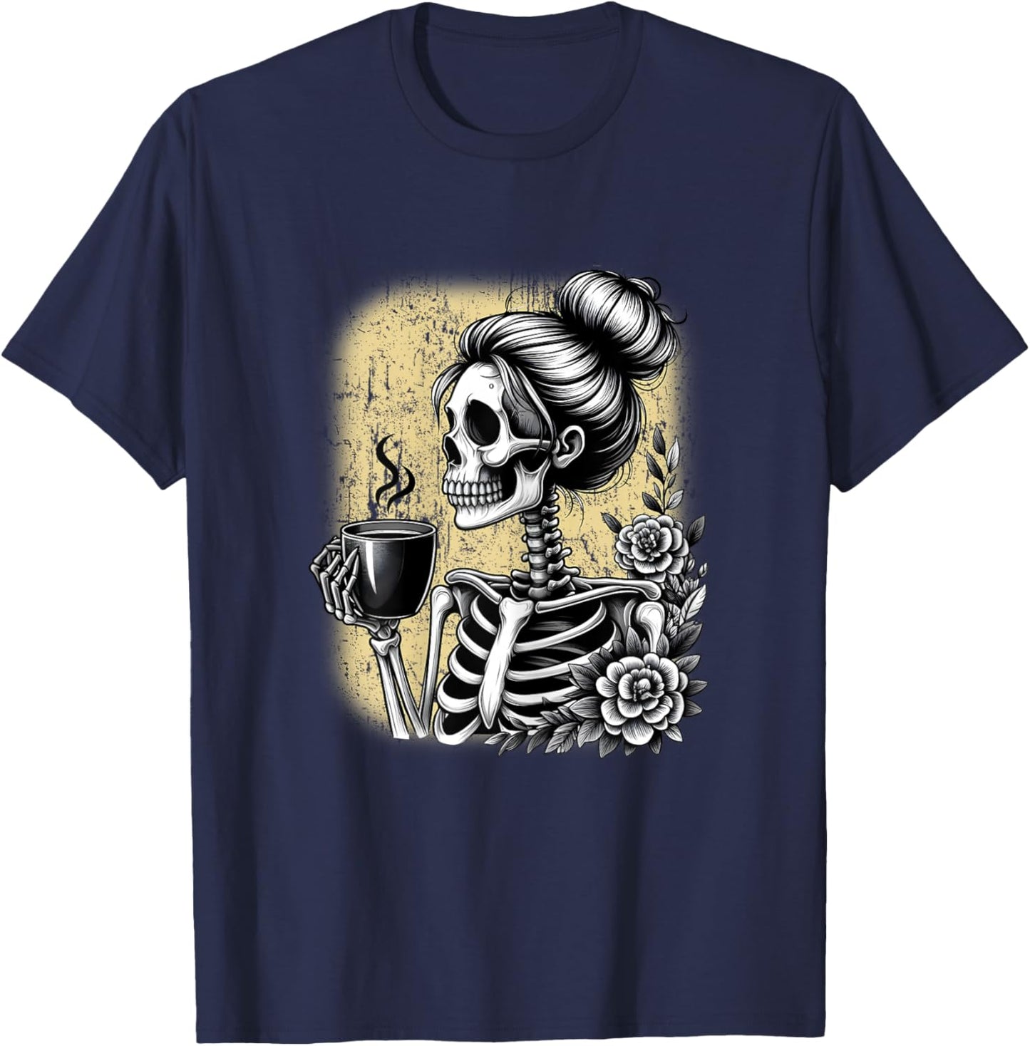 Messy Bun Skeleton Drinking Coffee Vintage Halloween Funny T-Shirt - T-Shirt | Navy