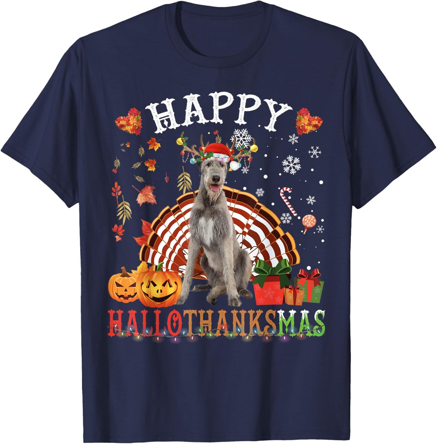 Halloween Thanksgiving Christmas Irish Wolfhound XMas T-Shirt - T-Shirt | Navy