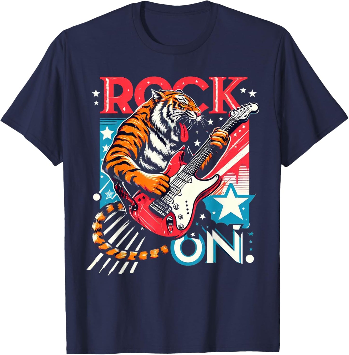 Tiger Man Rock on Playing Guitar Music Vintage Guitarist T-Shirt - T-Shirt | Navy