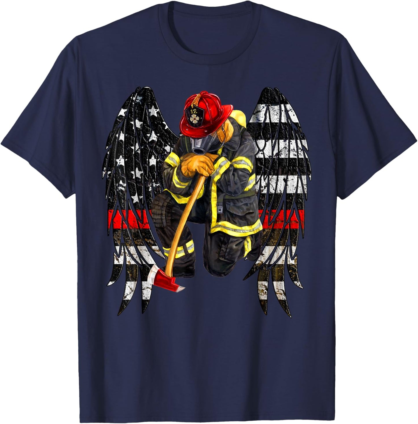 Firefighters Flag Angel Wings Gift Kneel firefighter prayer T-Shirt - T-Shirt | Navy