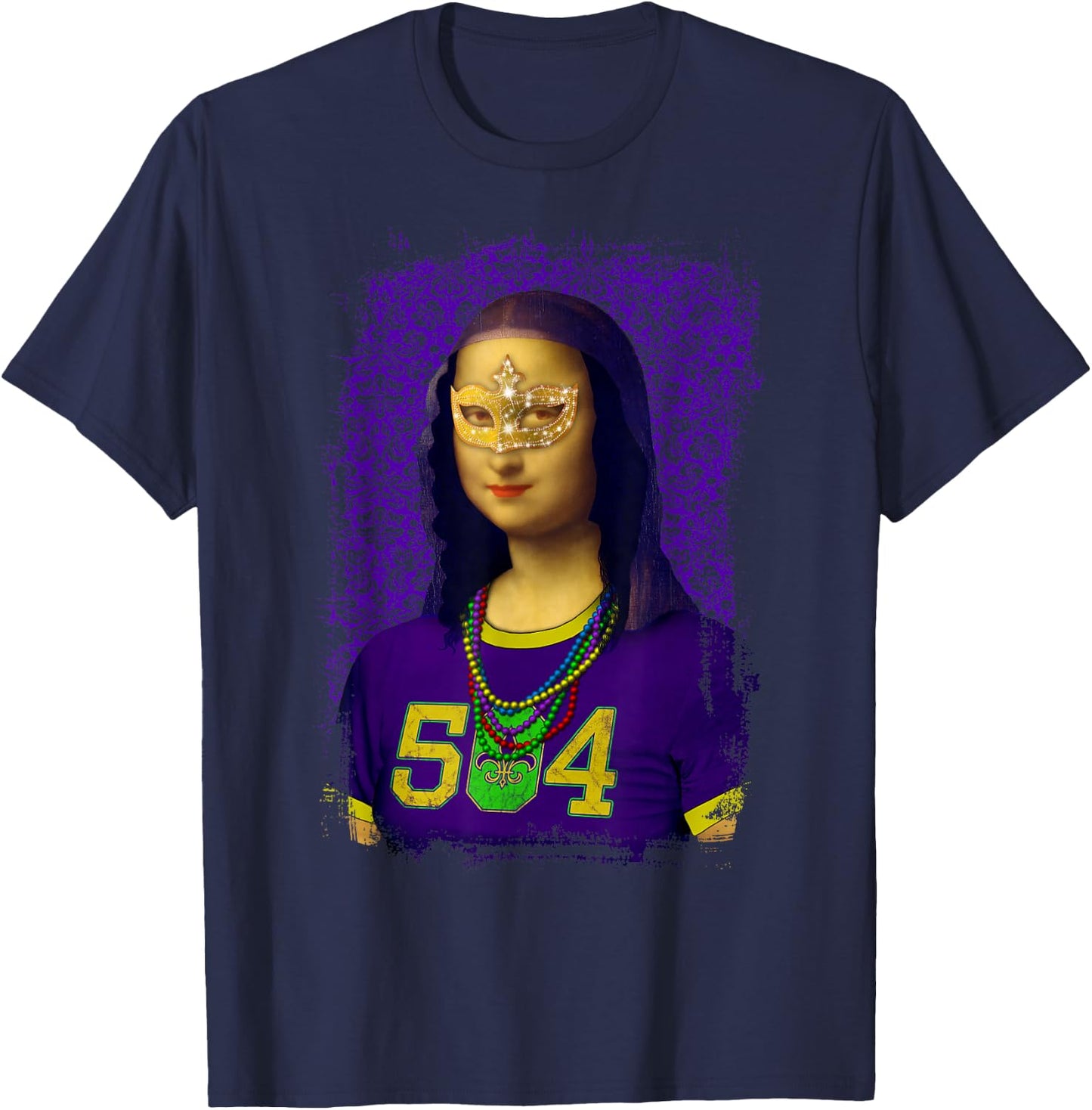Funny 504 New Orleans Mardi Gras Mona Lisa Mashup T-Shirt - T-Shirt | Navy