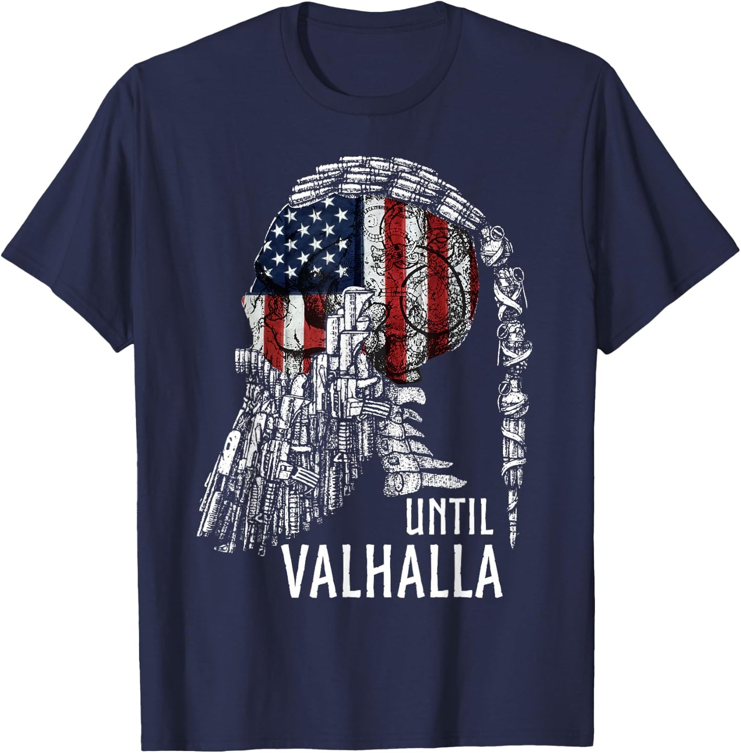 Until Valhalla, Skull American Flag, Viking US Patriot T-Shirt - T-Shirt | Navy