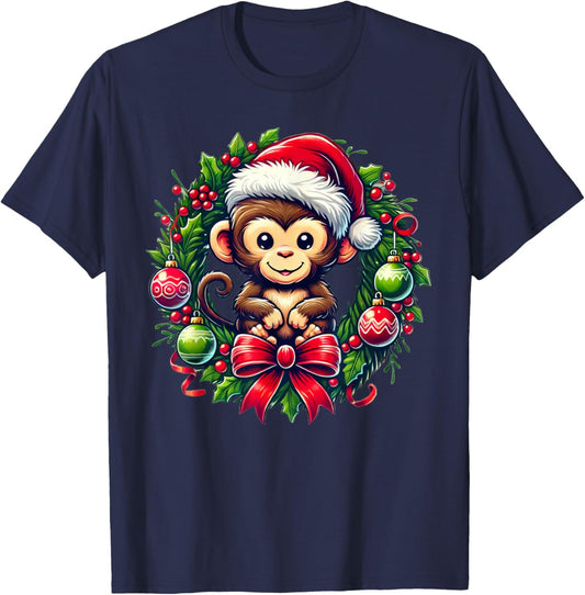 Monkey Santa Hat Christmas Xmas T-Shirt - T-Shirt | Navy
