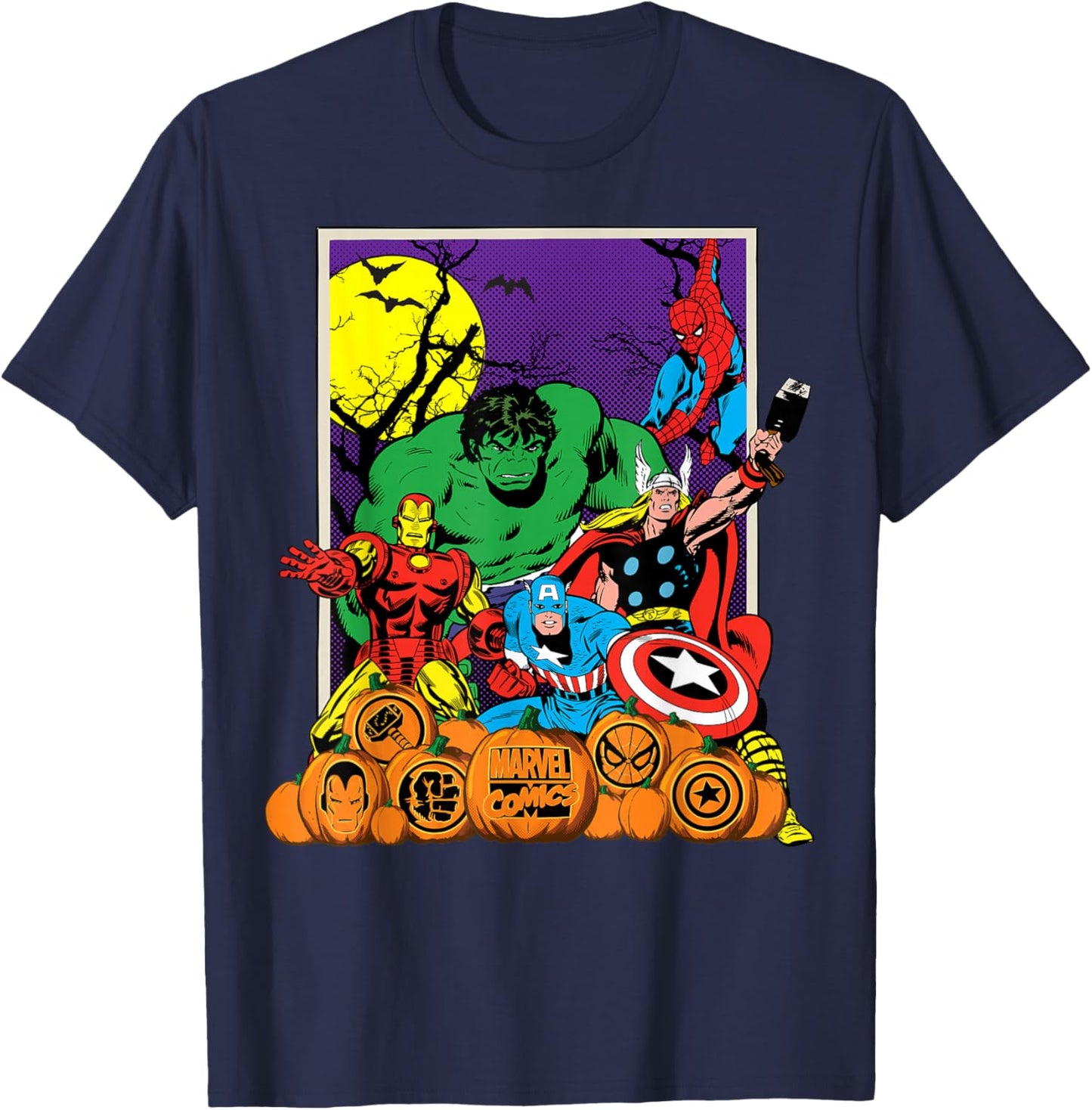 Marvel Comics Avengers Halloween Vintage Jack-o'-Lanterns T-Shirt - T-Shirt | Navy