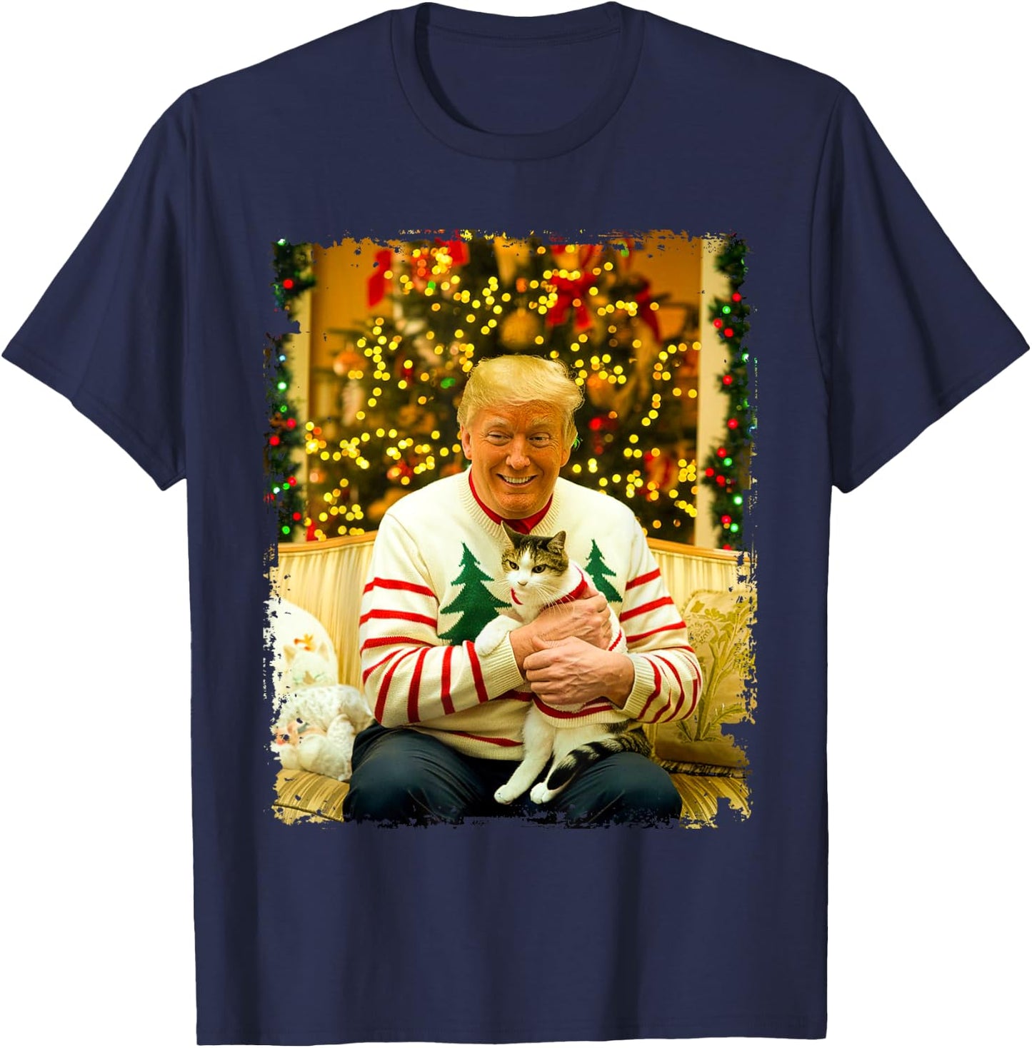 Funny Trump Christmas Sweater for Cat Lovers Xmas Pajamas T-Shirt - T-Shirt | Navy