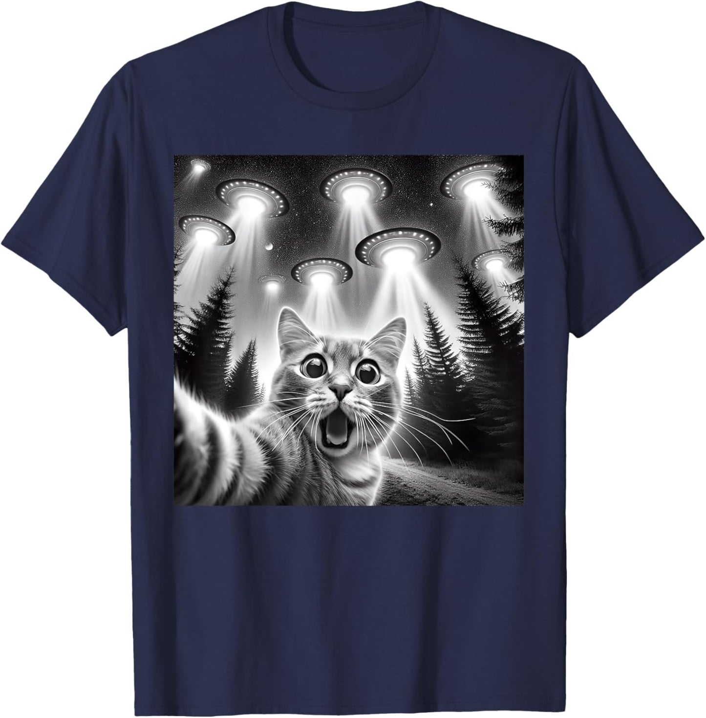 Cat Selfie With Alien UFO Funny Cat Gifts Women Kids T-Shirt - T-Shirt | Navy