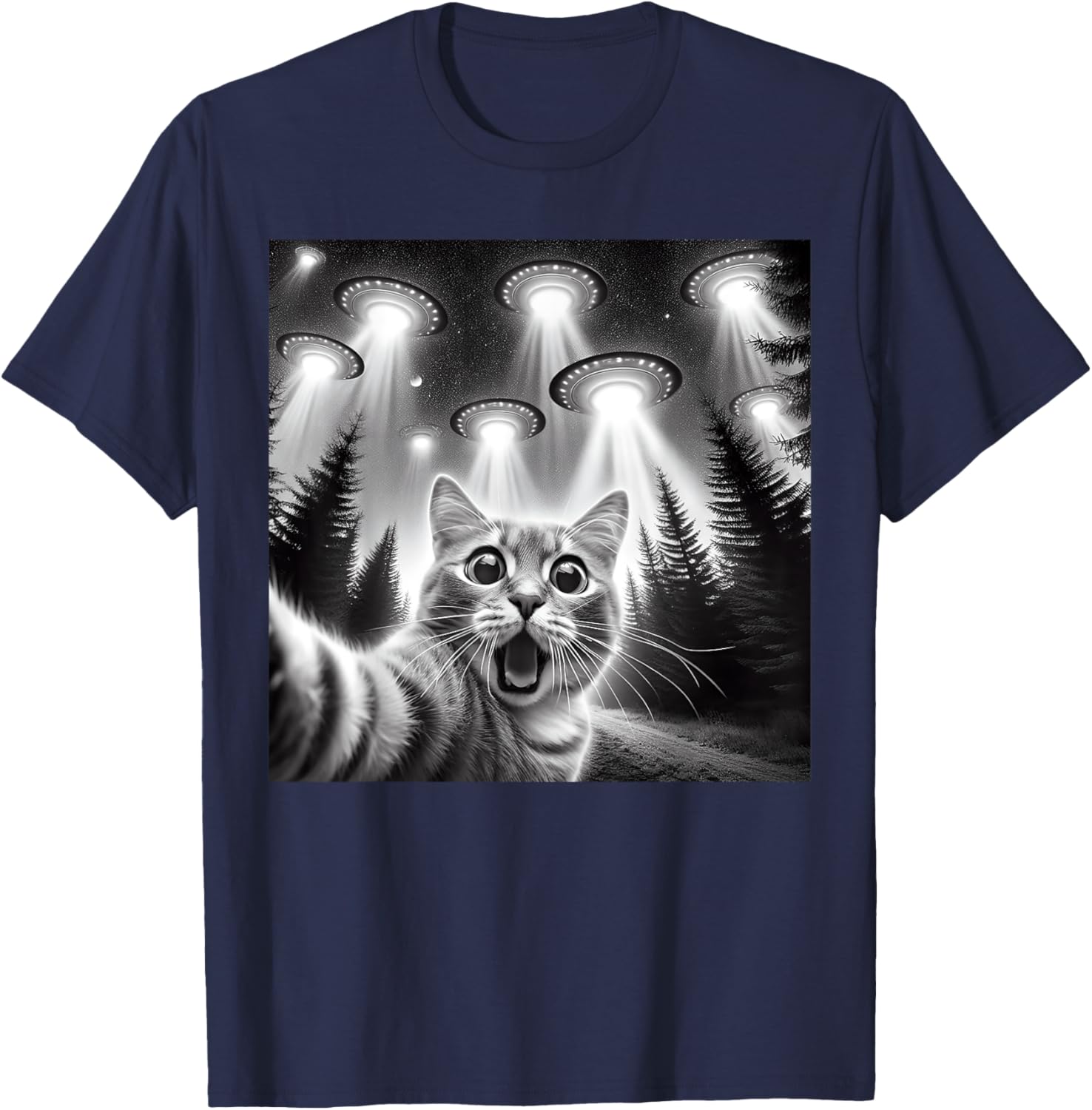Cat Selfie With Alien UFO Funny Cat Gifts Women Kids T-Shirt - T-Shirt | Navy