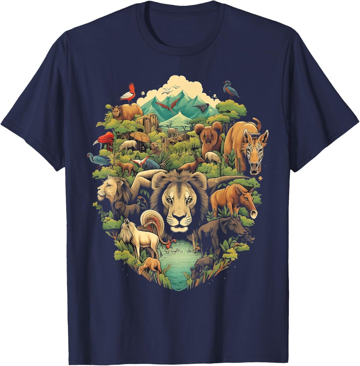 Animal Kingdom with a Variety of Animals in Their Natura T-Shirt - T-Shirt | Navy