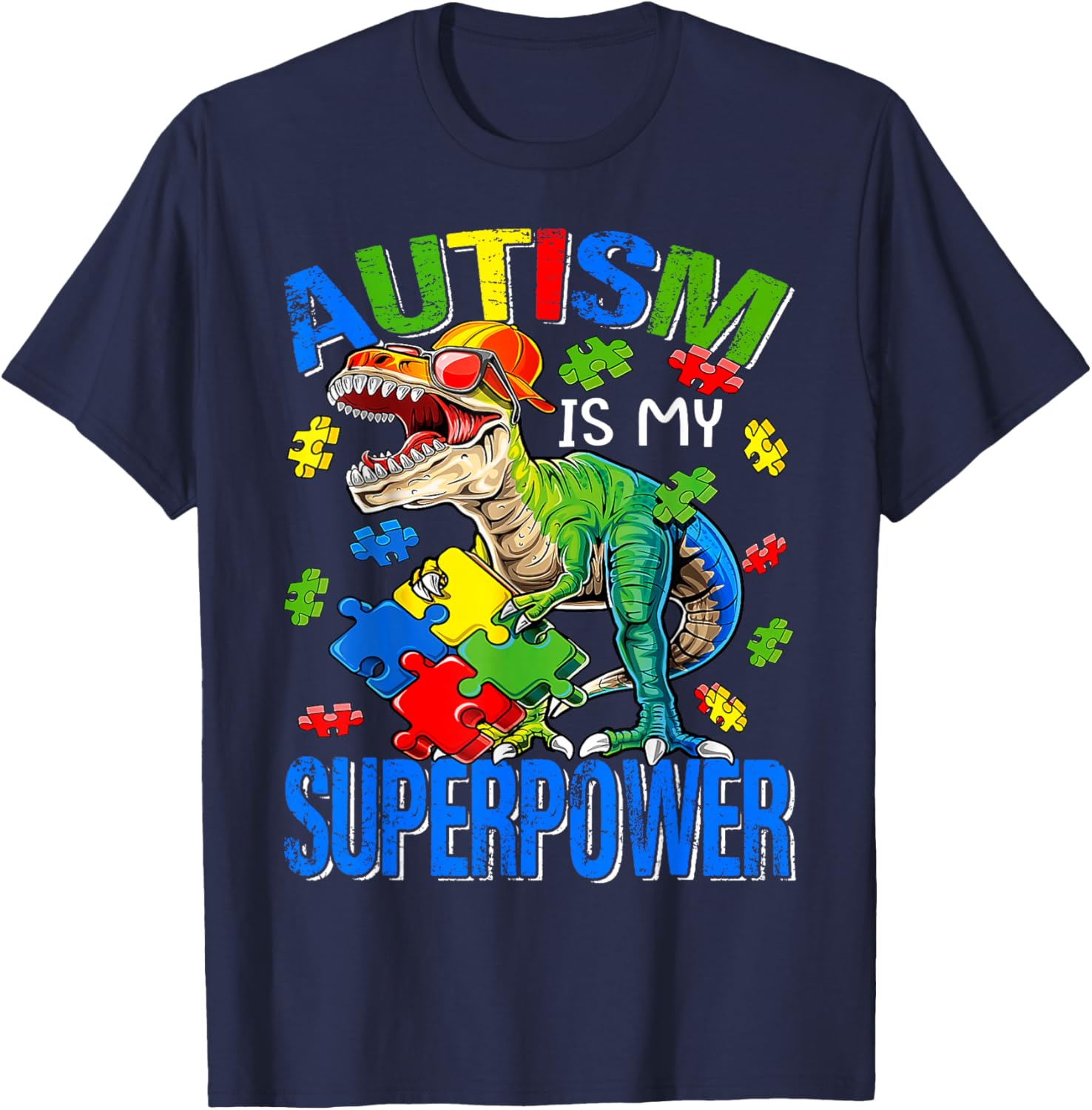 Autism Is My Superpower Autism Awareness Dinosaur T Rex T-Shirt - T-Shirt | Navy