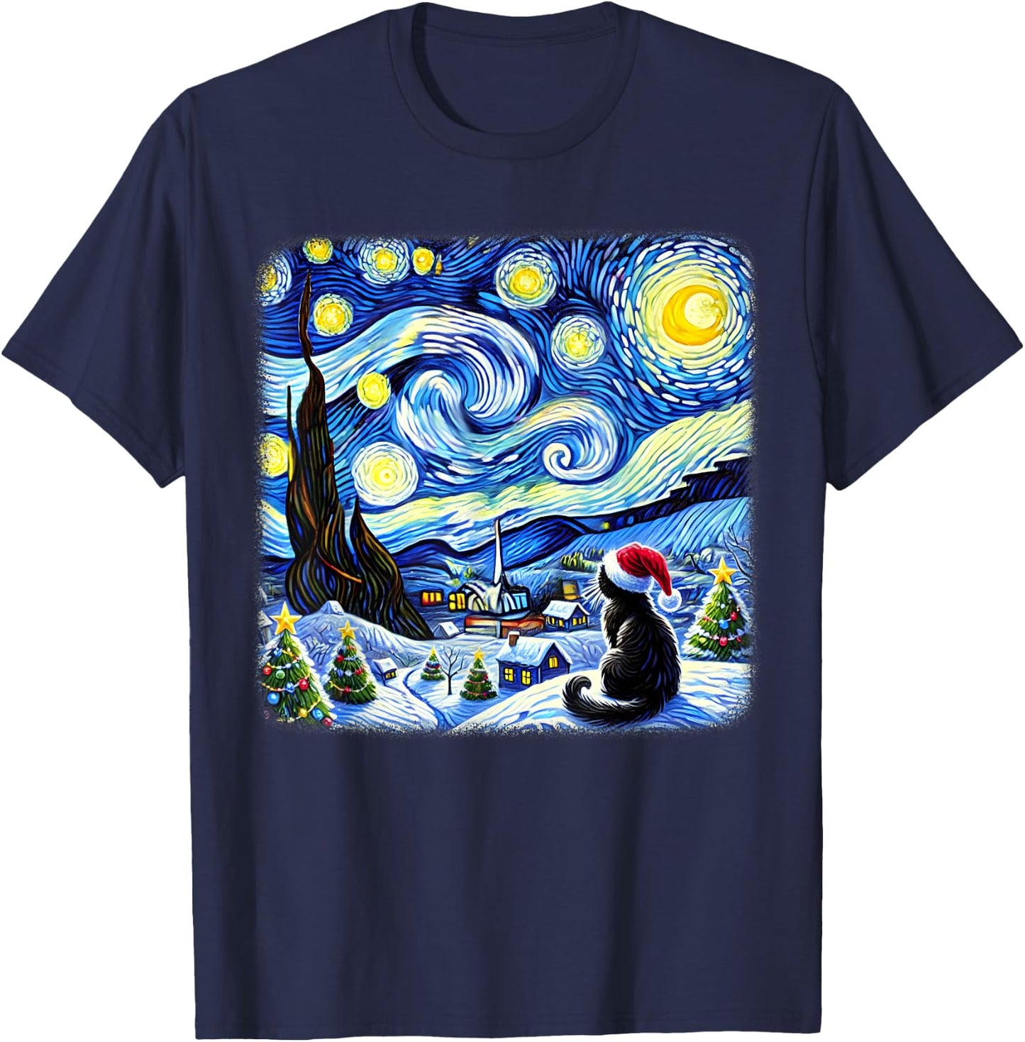 Christmas Van Gogh Starry Night Black Cat Santa Hat Xmas T-Shirt - T-Shirt | Navy