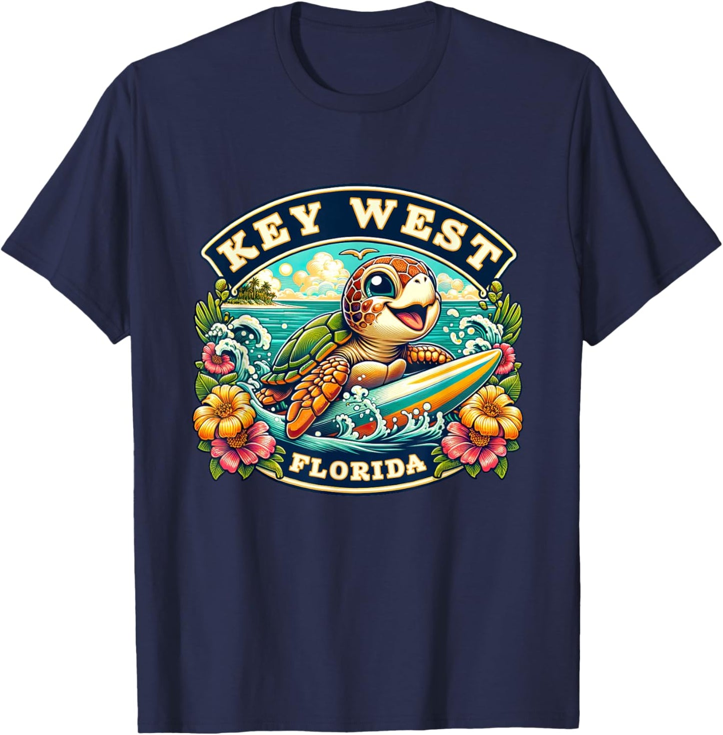 Key West Florida Cute Sea Turtle Surfing T-Shirt - T-Shirt | Navy