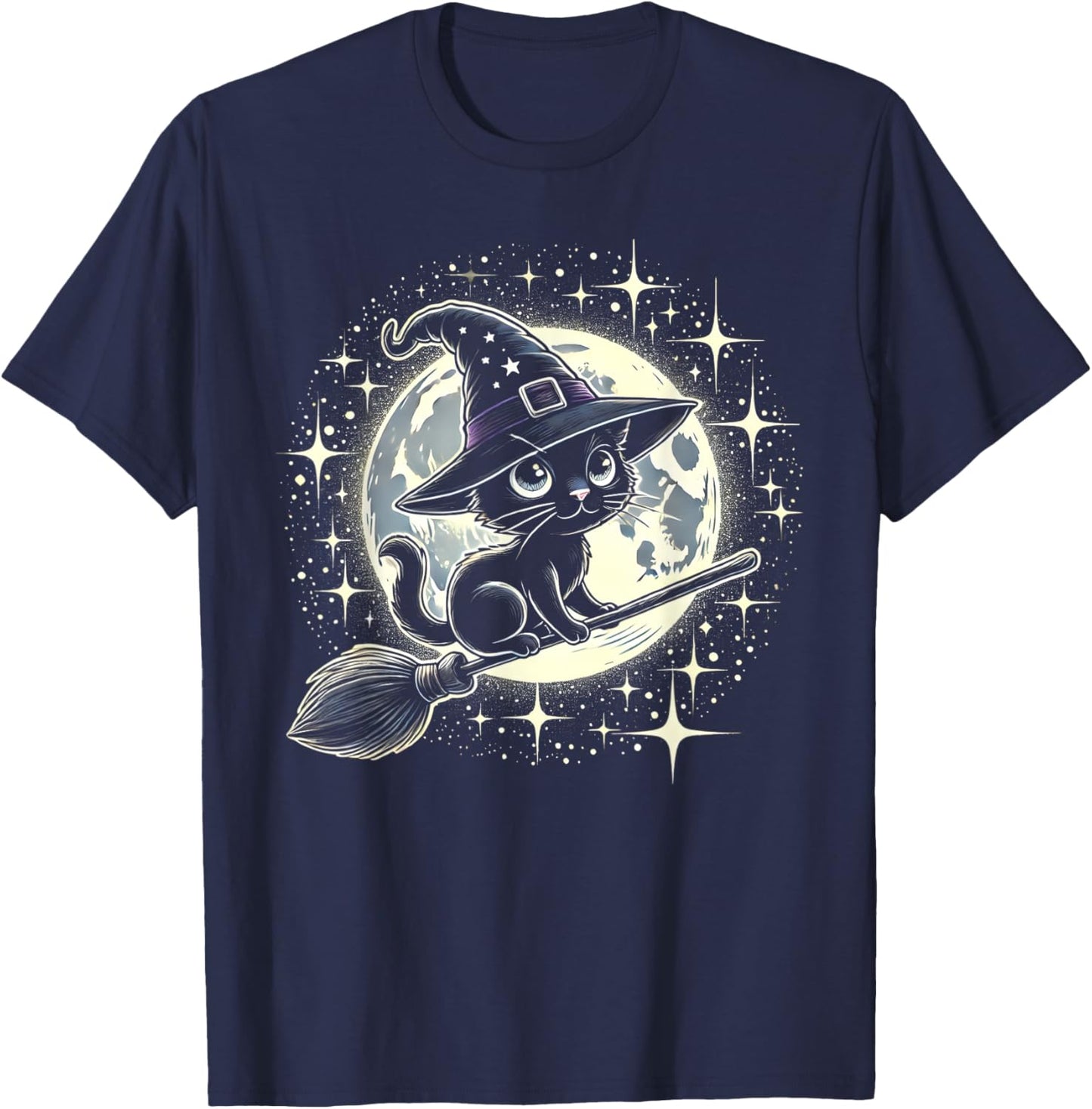 Witchy Black Cat on a Broomstick with Full Moon Halloween T-Shirt - T-Shirt | Navy