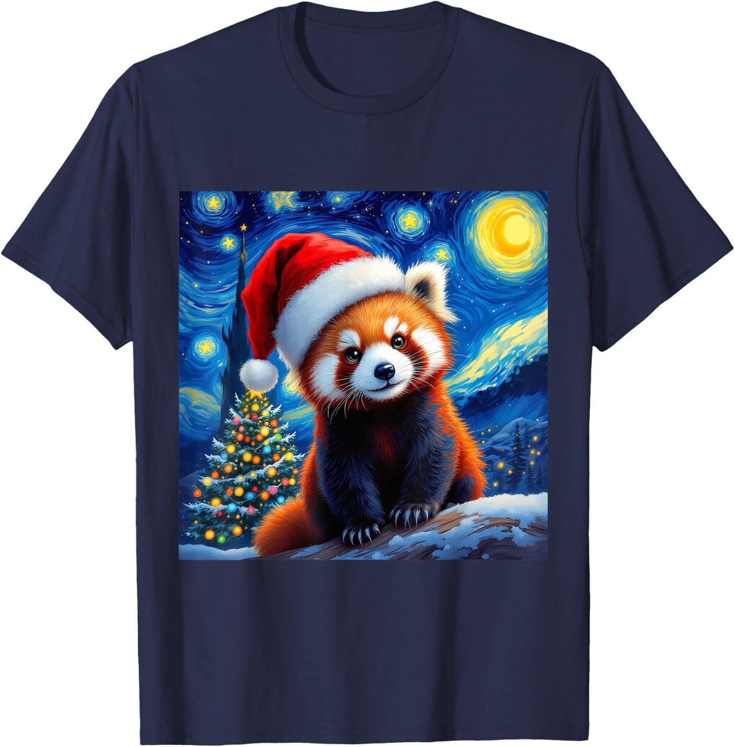 Christmas Red Panda Santa Hat Van Gogh Starry Night Holiday T-Shirt - T-Shirt | Navy