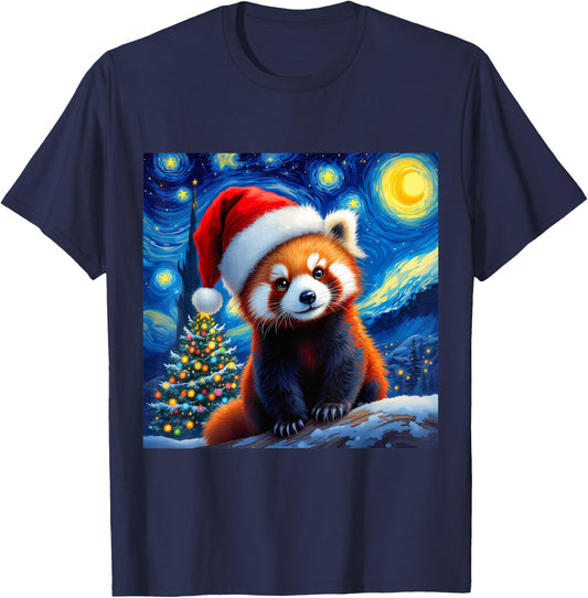 Christmas Red Panda Santa Hat Van Gogh Starry Night Holiday T-Shirt - T-Shirt | Navy