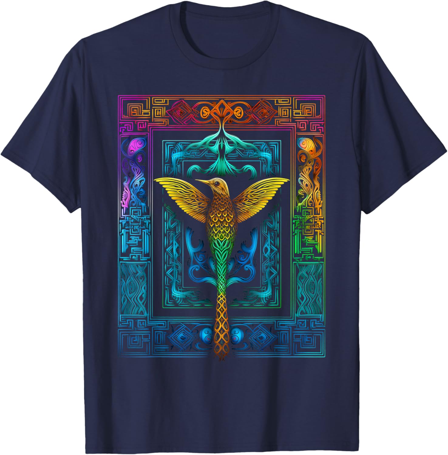 Hummingbird Colorful Mandala Animal Art Bird T-Shirt - T-Shirt | Navy