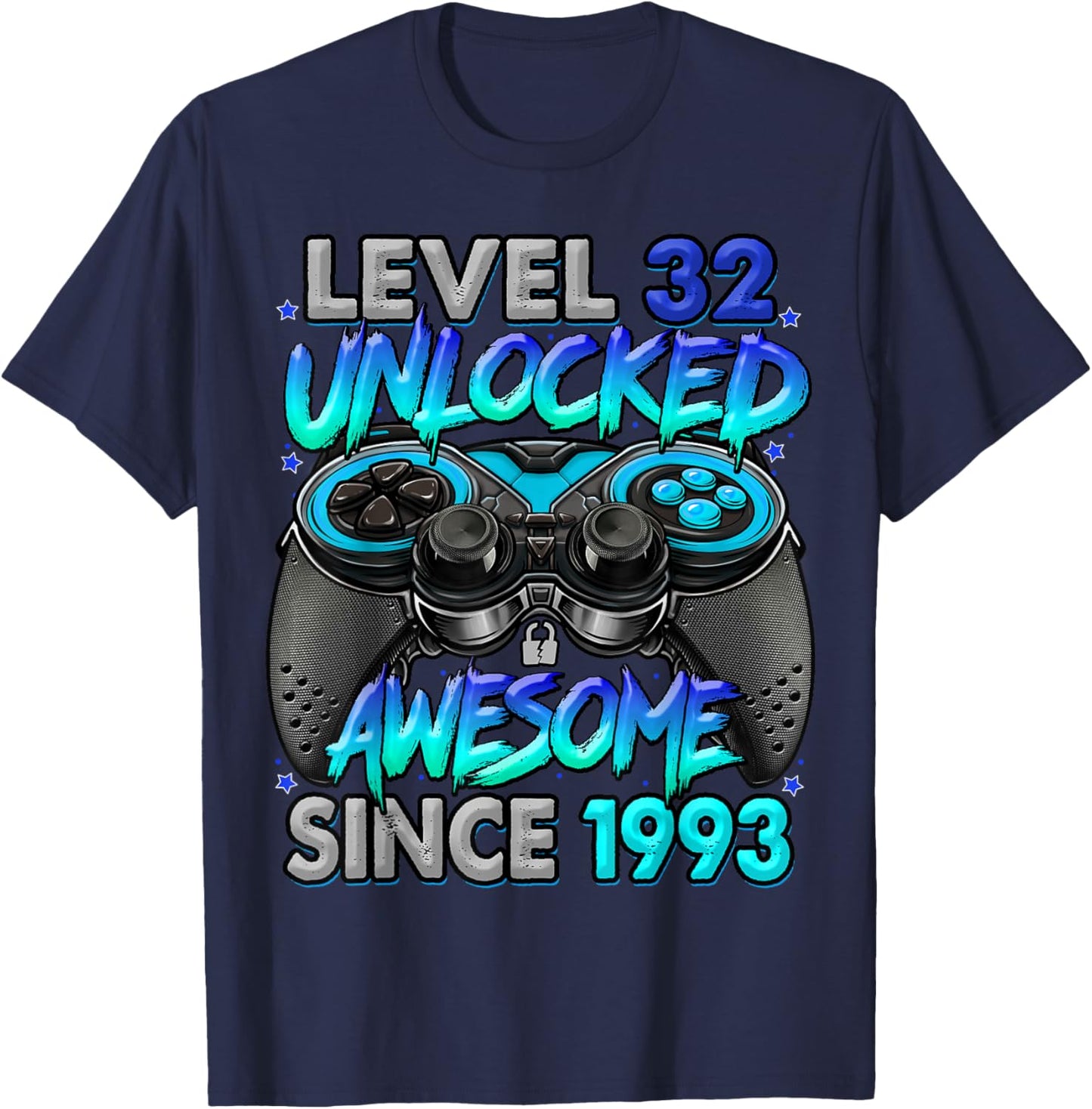 Level 32 Unlocked Awesome Since 1993 32nd Birthday Gaming T-Shirt - T-Shirt | Navy