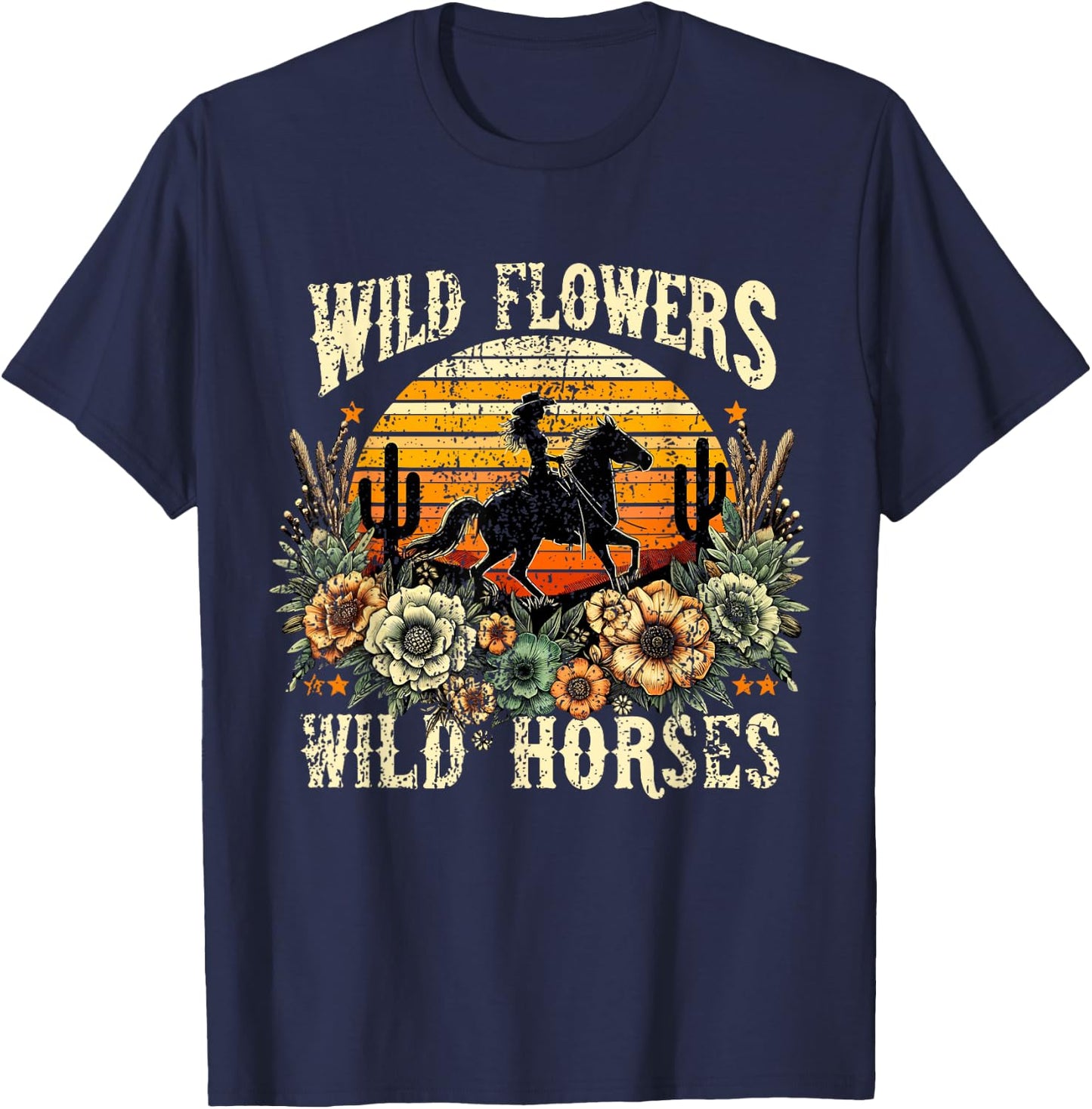 Retro Cowgirl Wild Flowers - Wild Horses Vintage Style T-Shirt - T-Shirt | Navy