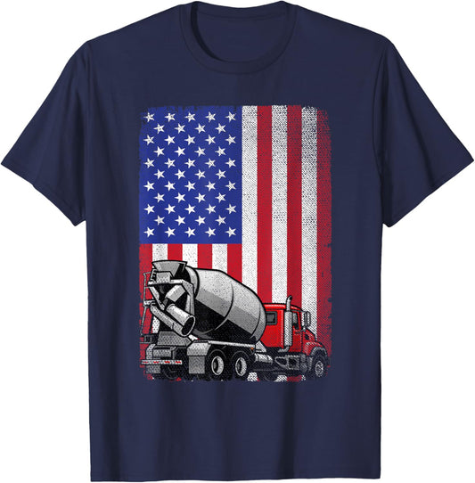 Patriotic Cement Truck Driver Concrete Mixer American Flag T-Shirt - T-Shirt | Navy