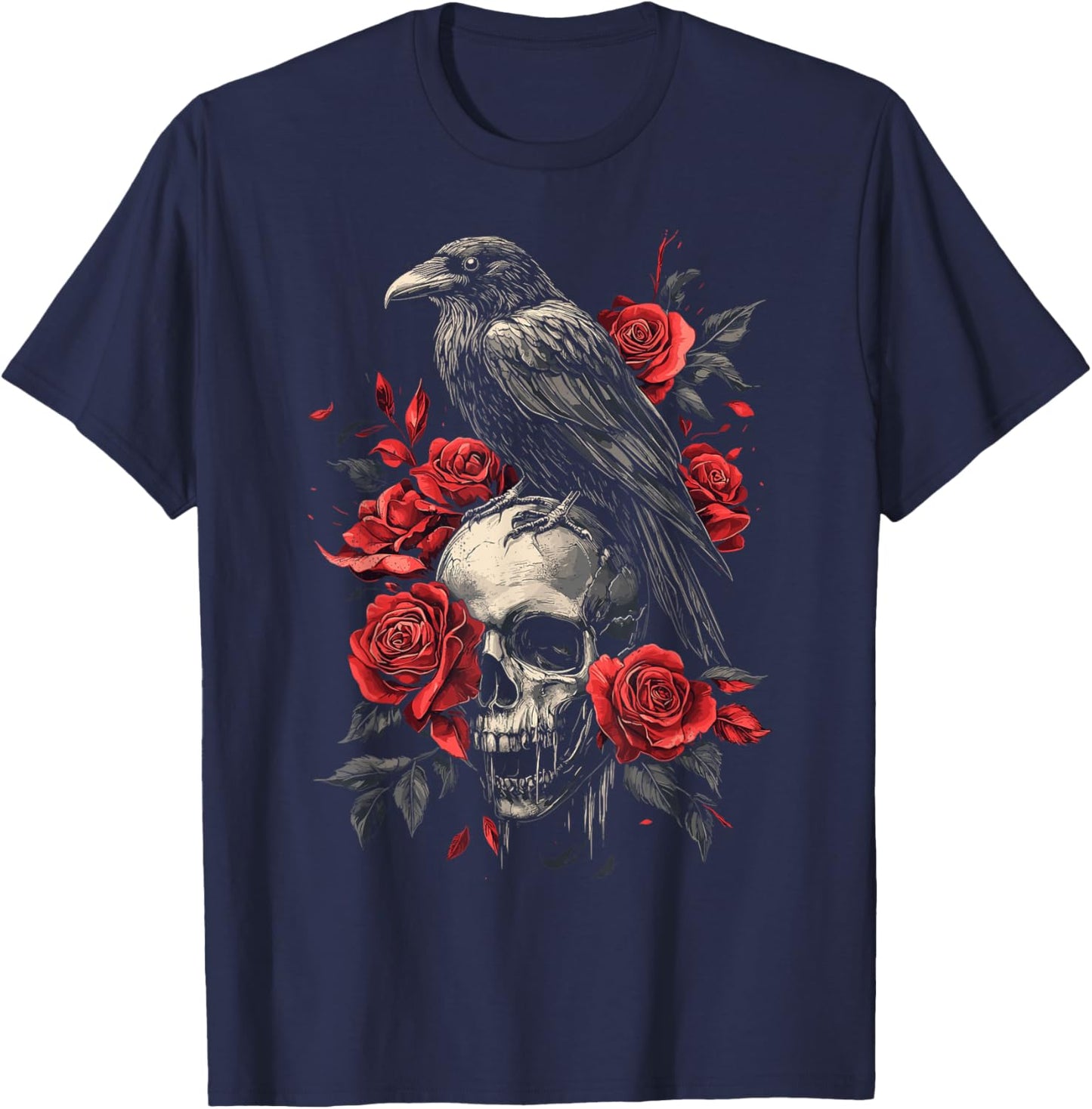 Raven Crow Y2K Grunge Aesthetic Dark Bird Goth Skull Gothic T-Shirt - T-Shirt | Navy