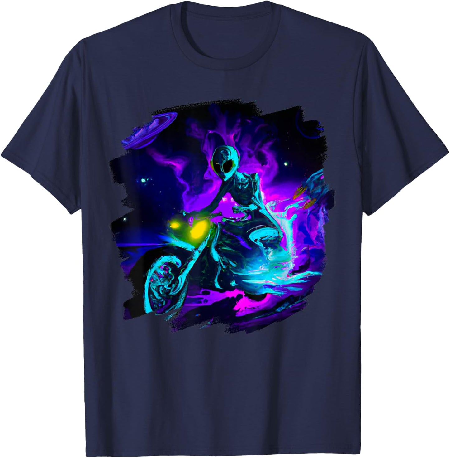 Alien Riding Motorcycle Dirt Bike in Space Aliens Biker T-Shirt - T-Shirt | Navy