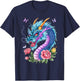 Watercolor Dragon Flowers Beautiful Art Colorful Graphic T-Shirt - T-Shirt | Navy