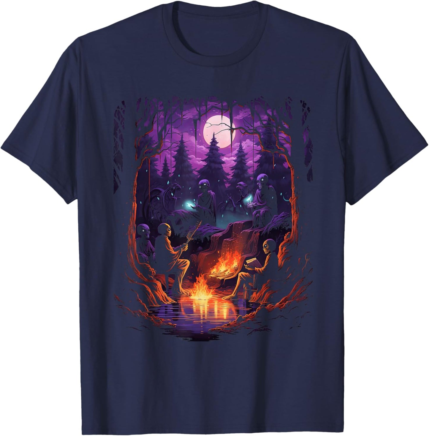 Vintage Ghost and Skeleton by Fire Camping Gothic Halloween T-Shirt - T-Shirt | Navy