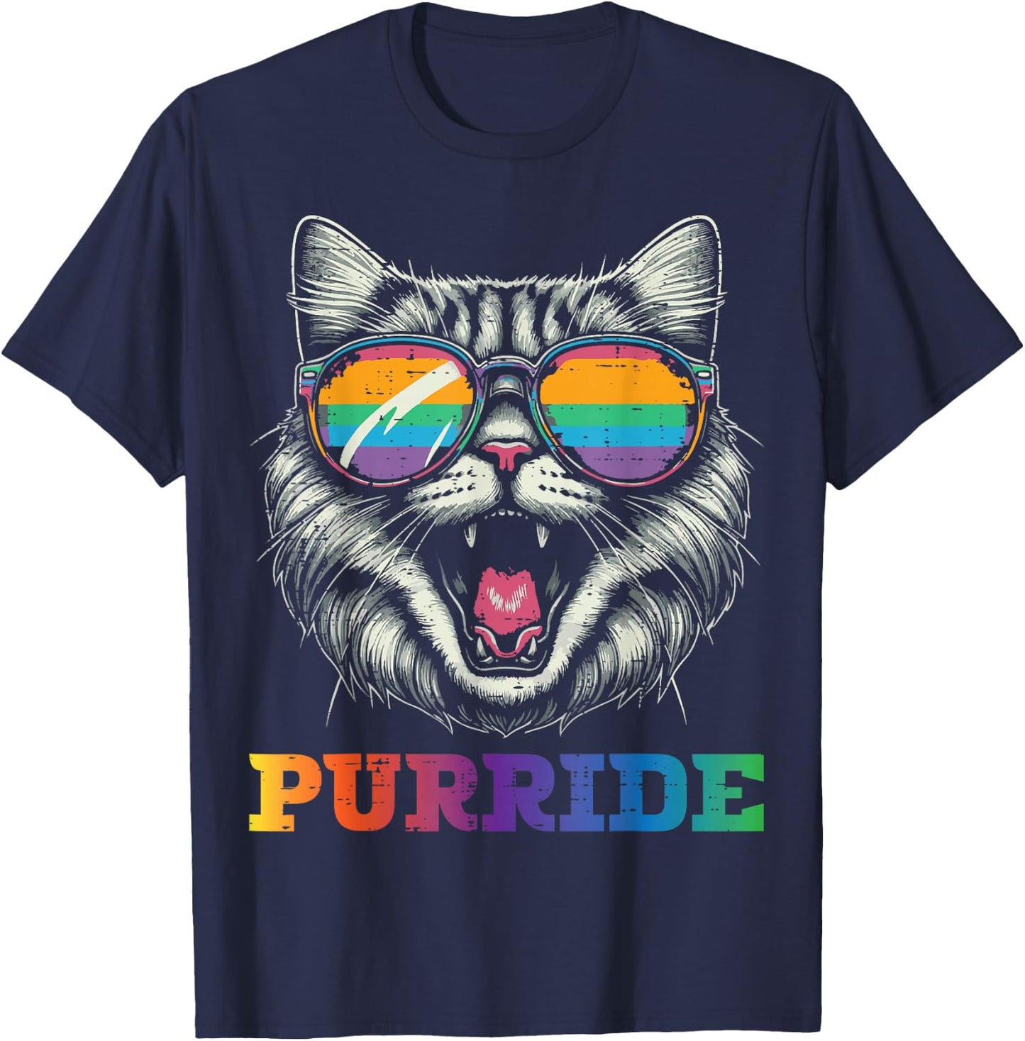 Gay Pride Month Purride Cat LGBTQ Ally Rainbow Men Women T-Shirt - T-Shirt | Navy