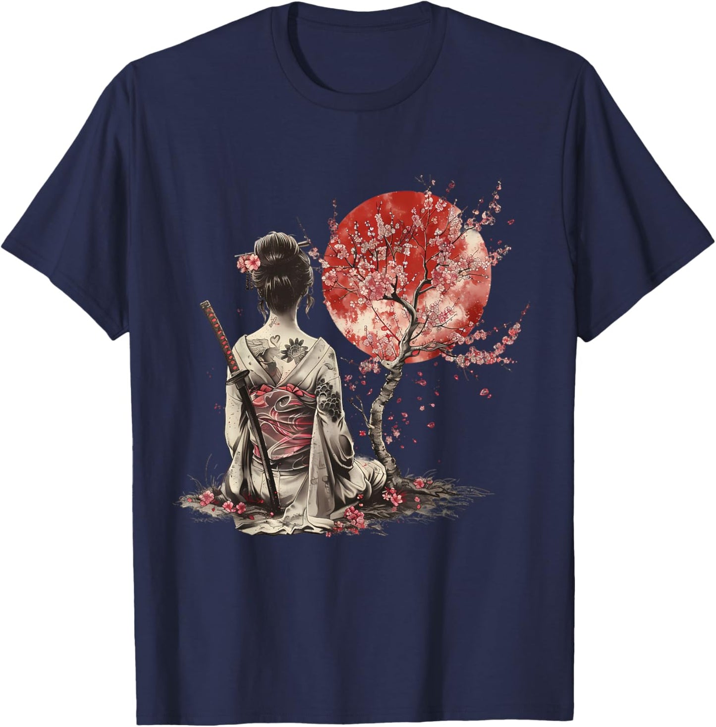 Japanisches Samurai-Mädchen, Sakura, Kirschblüte, japanische Geisha T-Shirt - T-Shirt | Navy