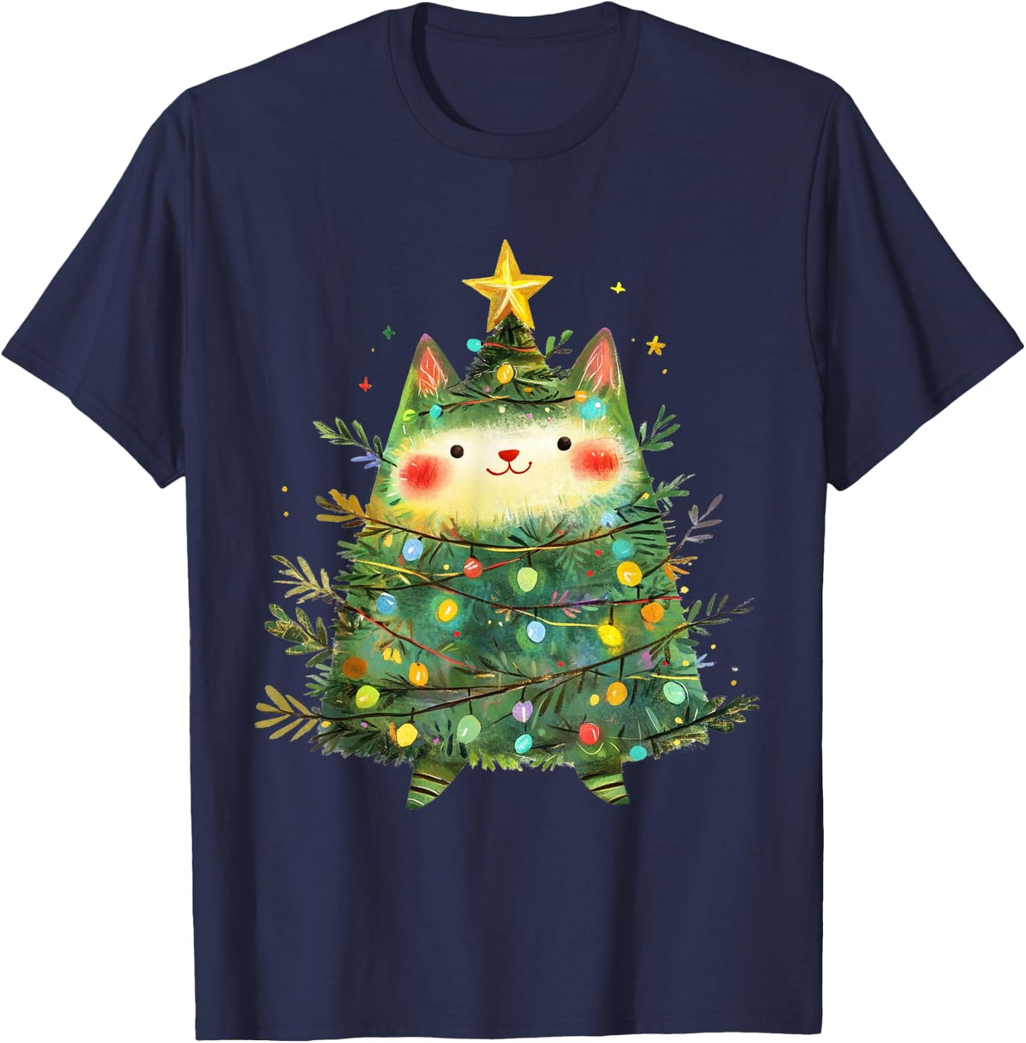 Cat Christmas Tree Pajamas Girls Boys Xmas Lights T-Shirt - T-Shirt | Navy