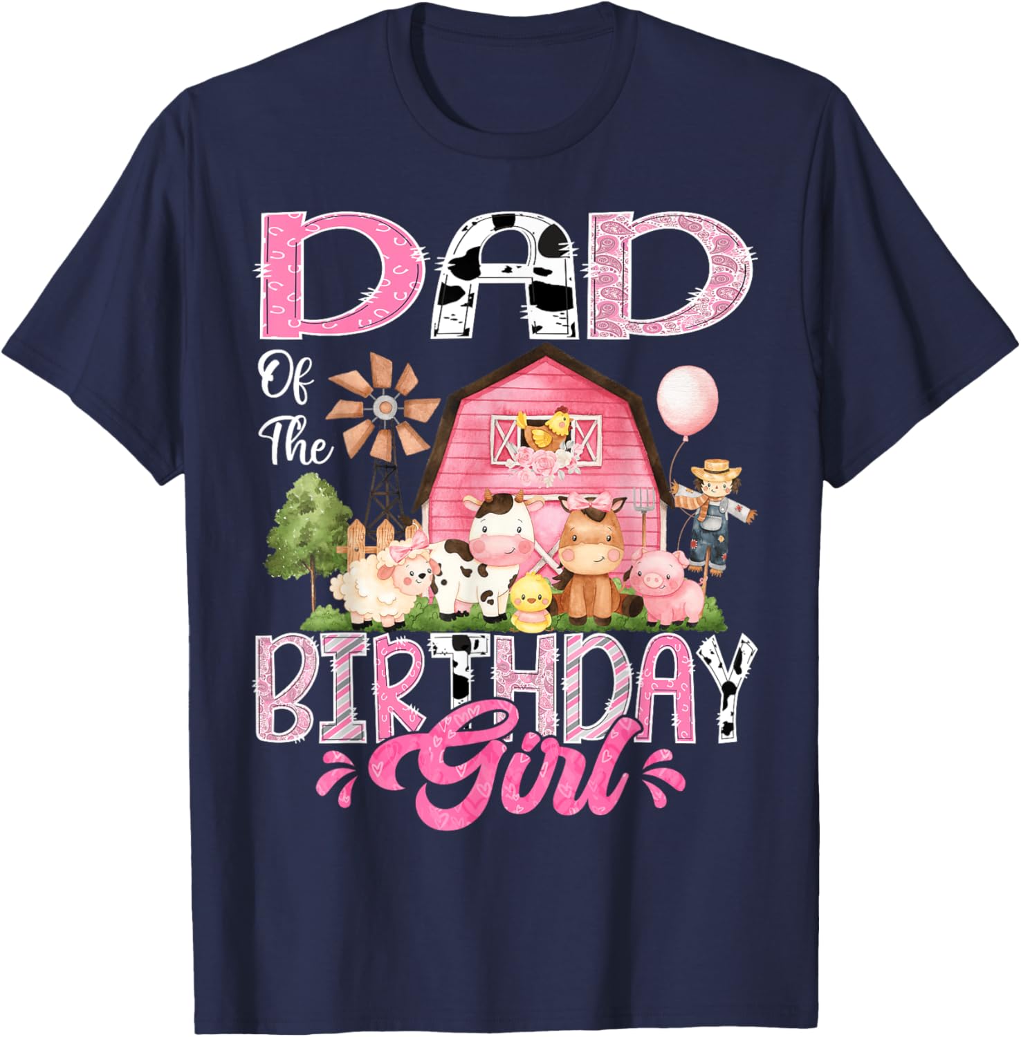 Dad Of The Birthday Girl Pink Farm Cow First Birthday T-Shirt - T-Shirt | Navy