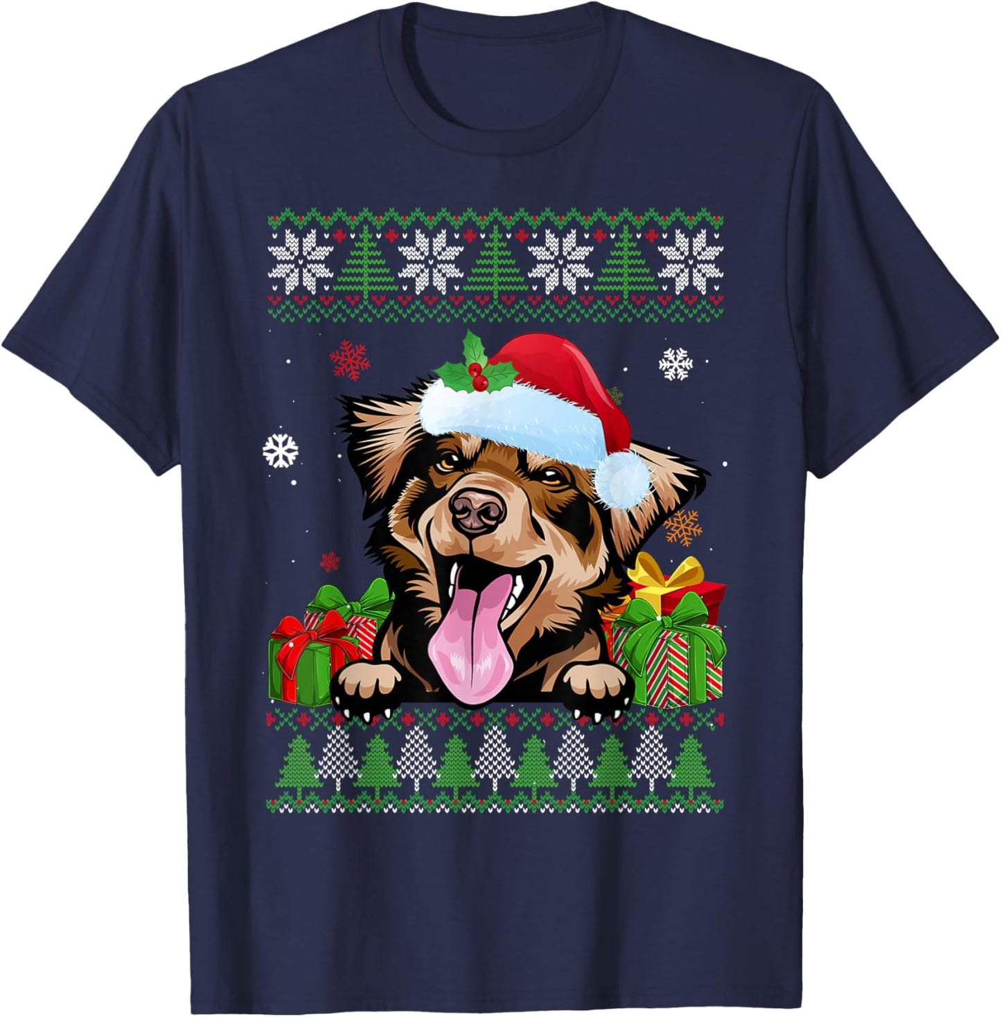 Funny Dog lovers Australian Shepherd Ugly Christmas Sweater T-Shirt - T-Shirt | Navy