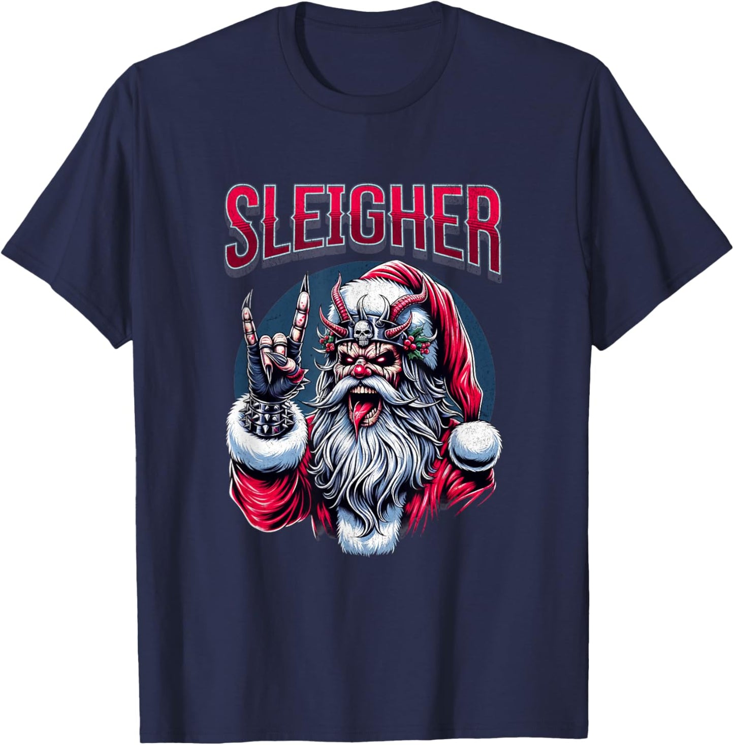 Christmas Sleigher, Metal Santa T-Shirt - T-Shirt | Navy